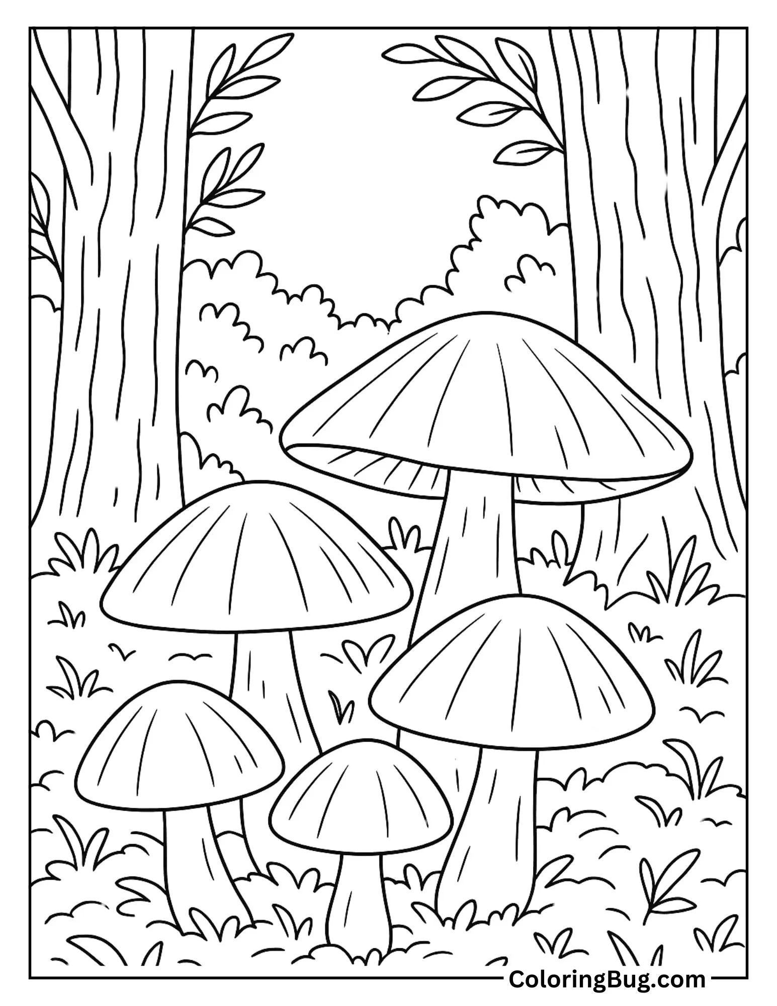 Cluster of Mushrooms in a Mossy Forest Coloring Sheet
