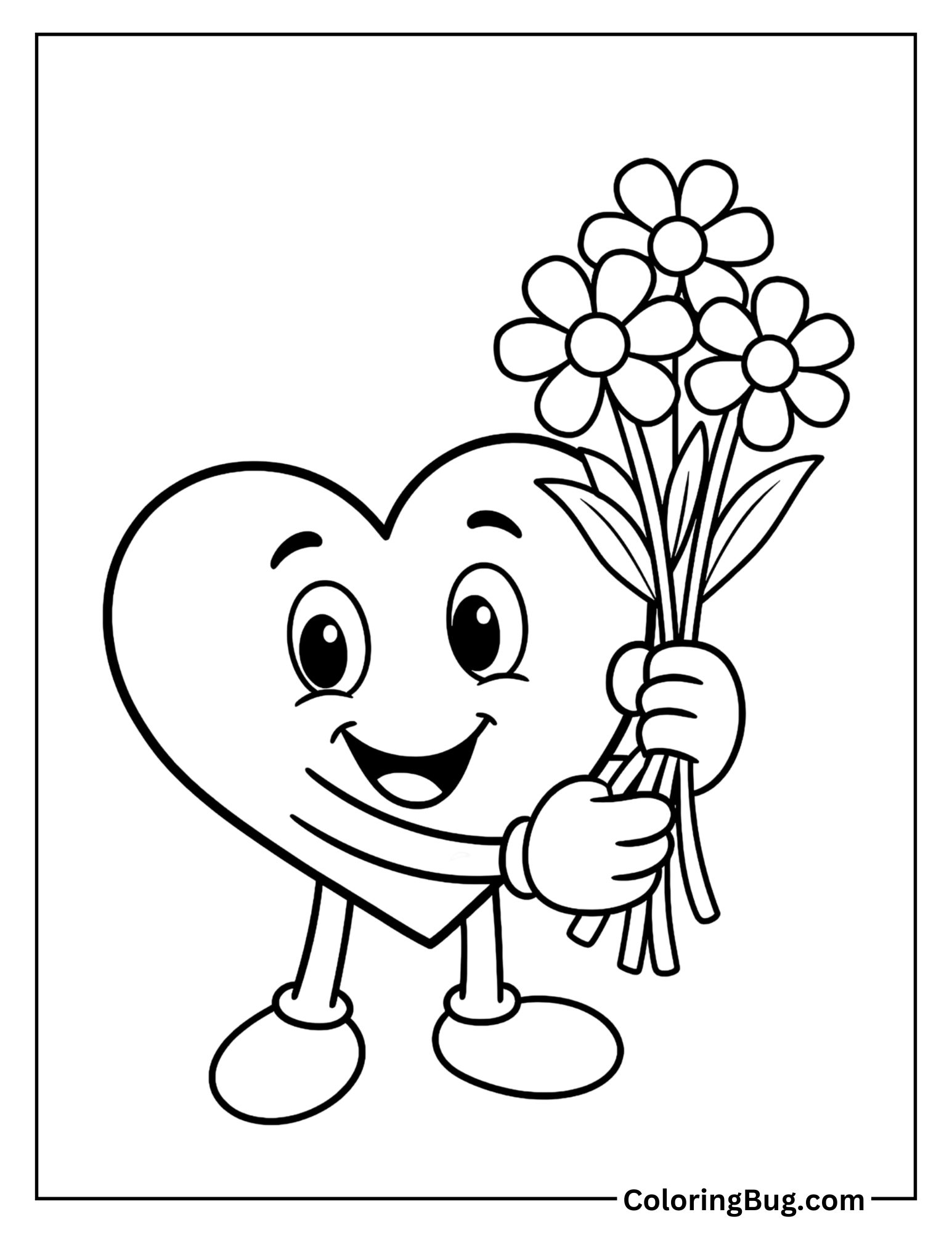 Cute Cartoon Heart Holding a Bouquet Coloring Sheet