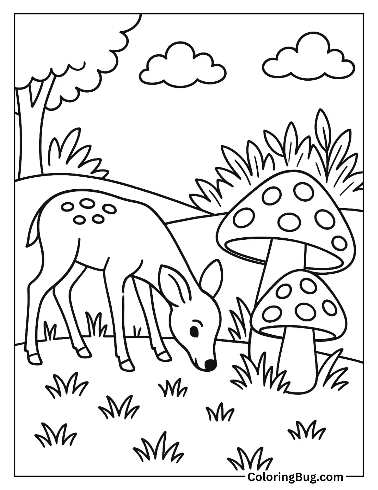 Deer Grazing Near Mushrooms Coloring Sheet