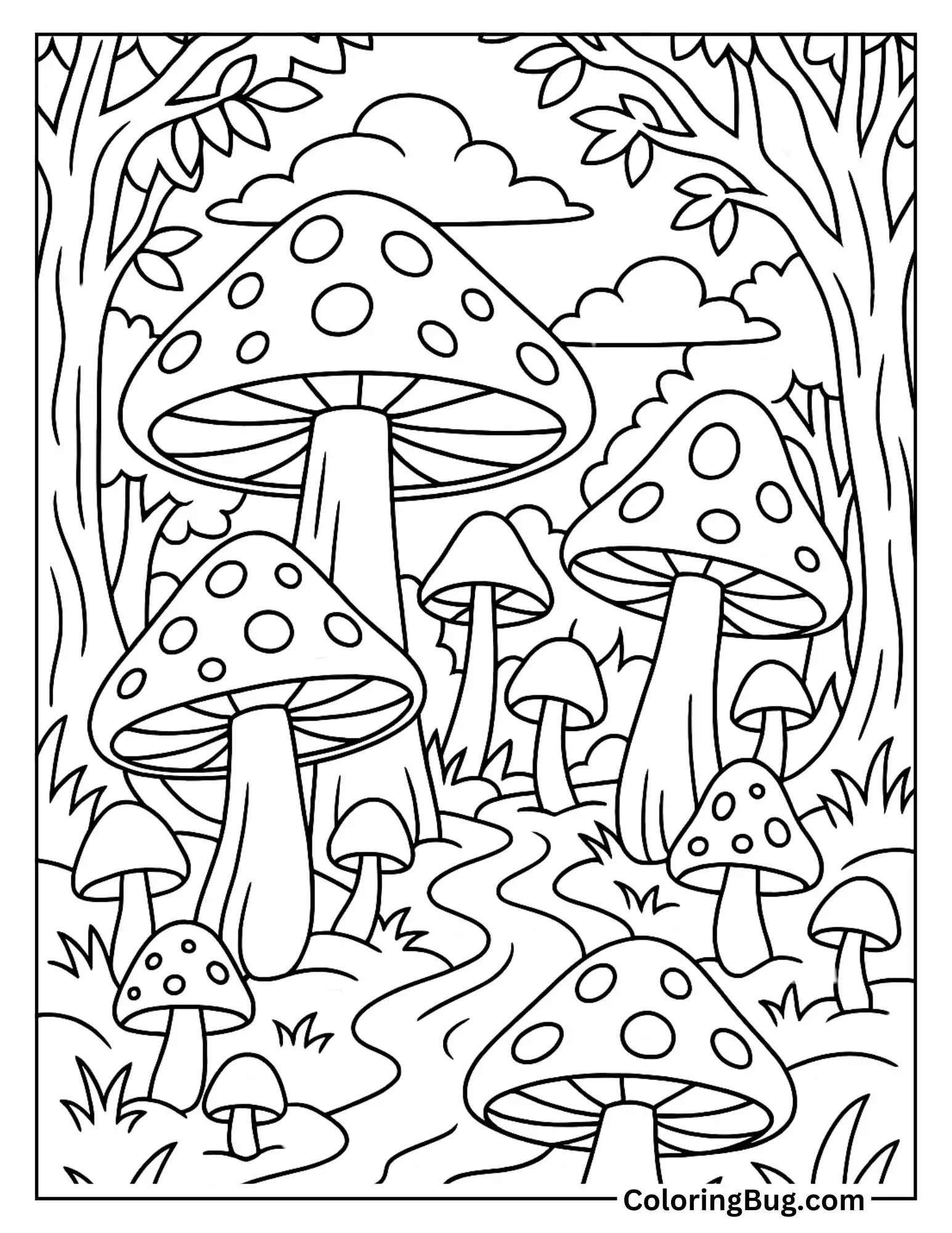 Enchanted Forest of Oversize Mushrooms Coloring Sheet