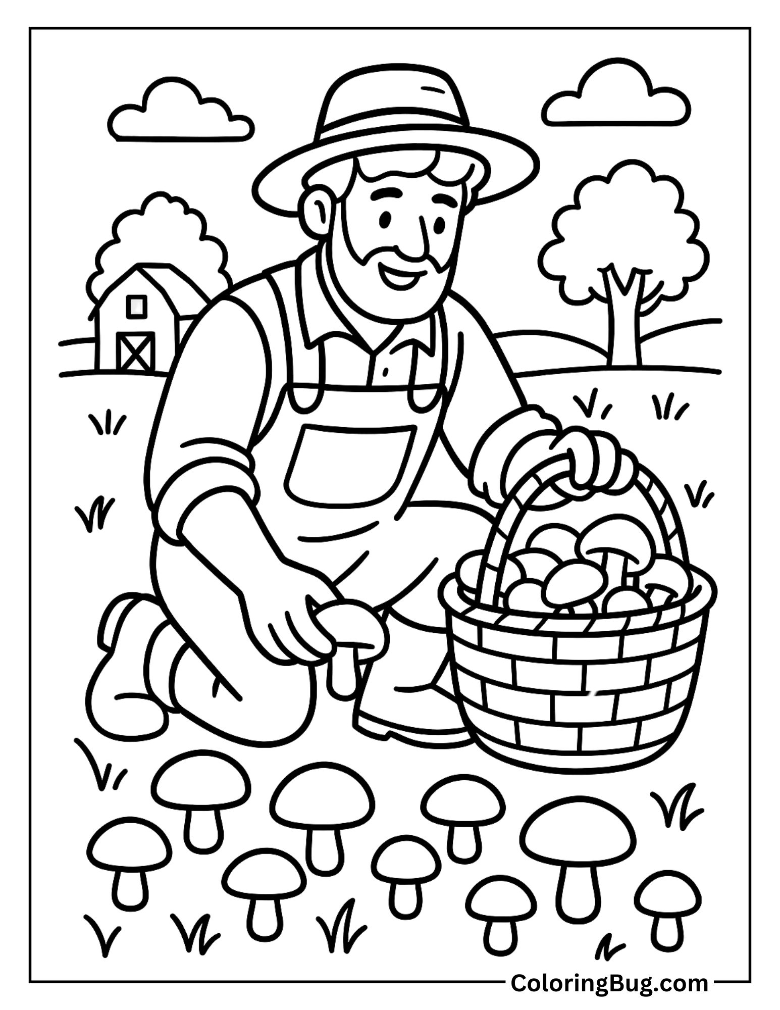 Farmer Harvesting Mushrooms Coloring Sheet