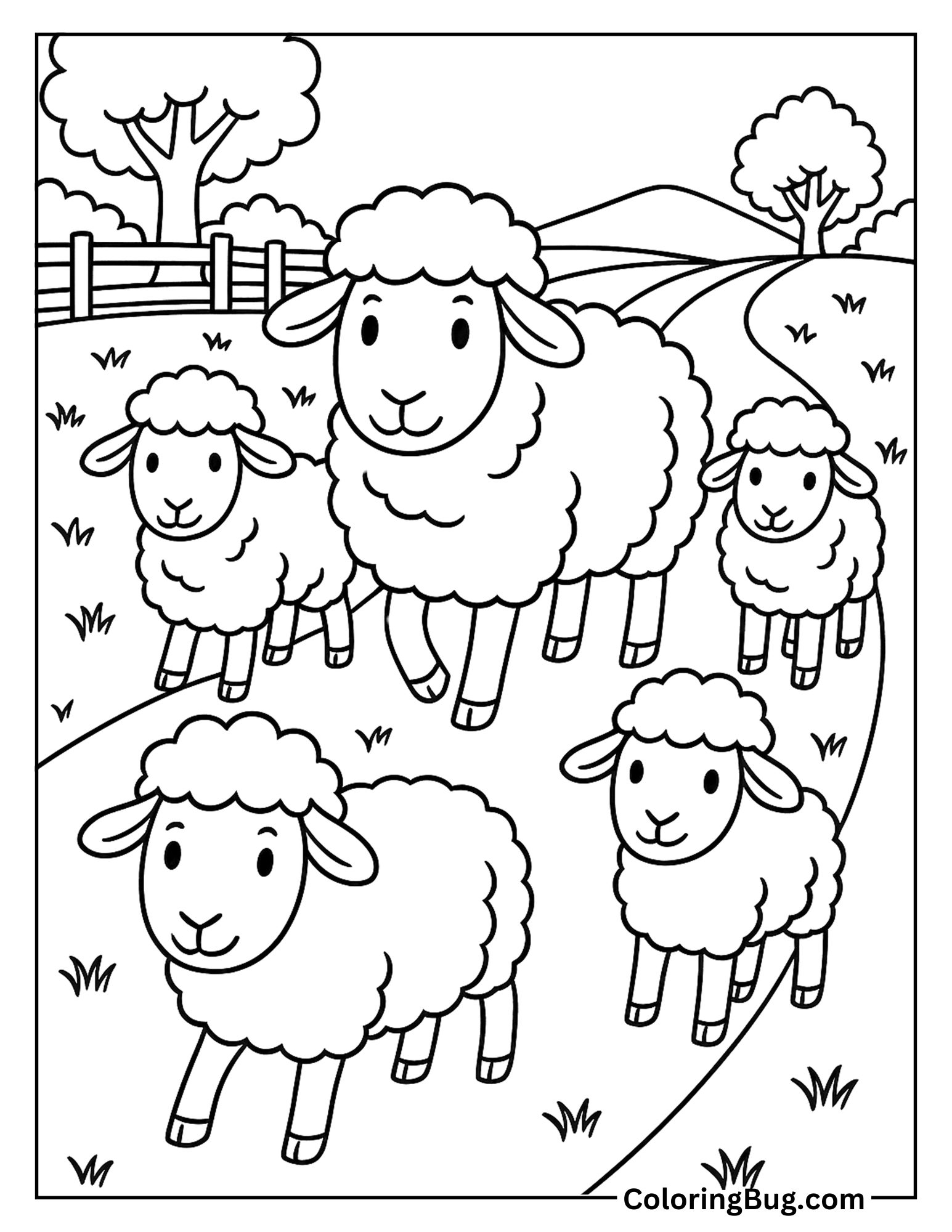 Flock of Sheep Walking Together Down a Country Road Coloring Sheet