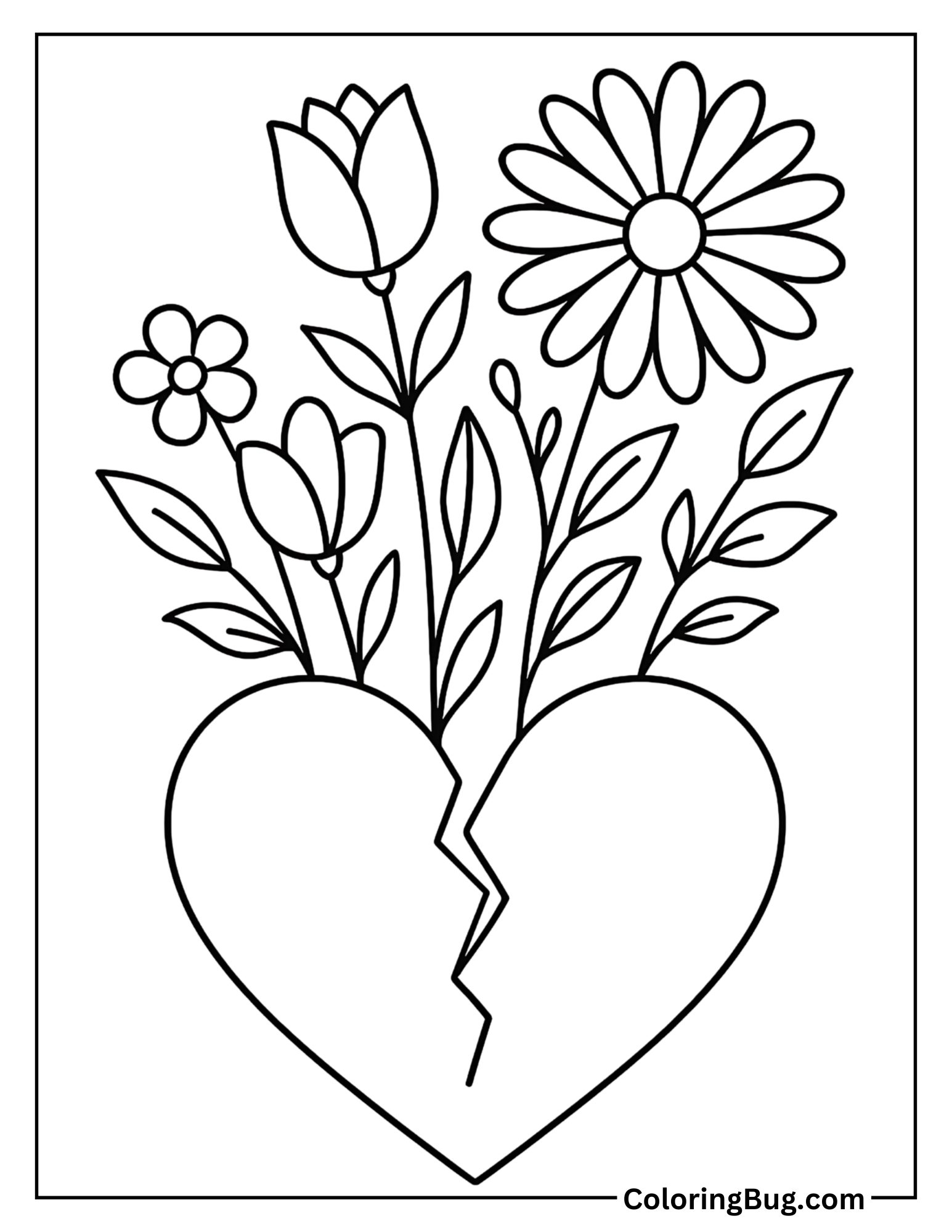 Flowers Blooming Out of a Cracked Heart Coloring Sheet