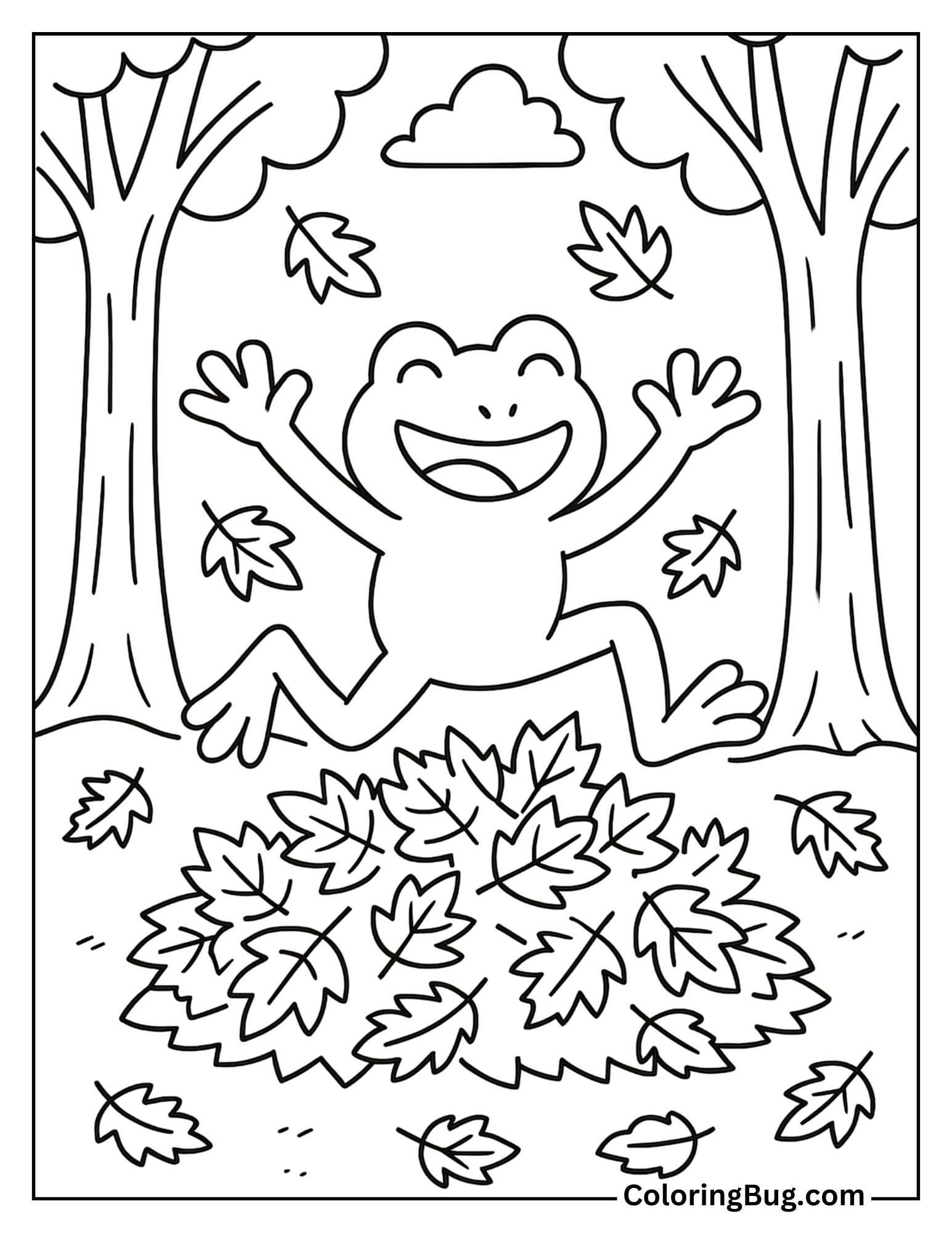 Frog Jumping in Autumn Leaves Coloring Sheet
