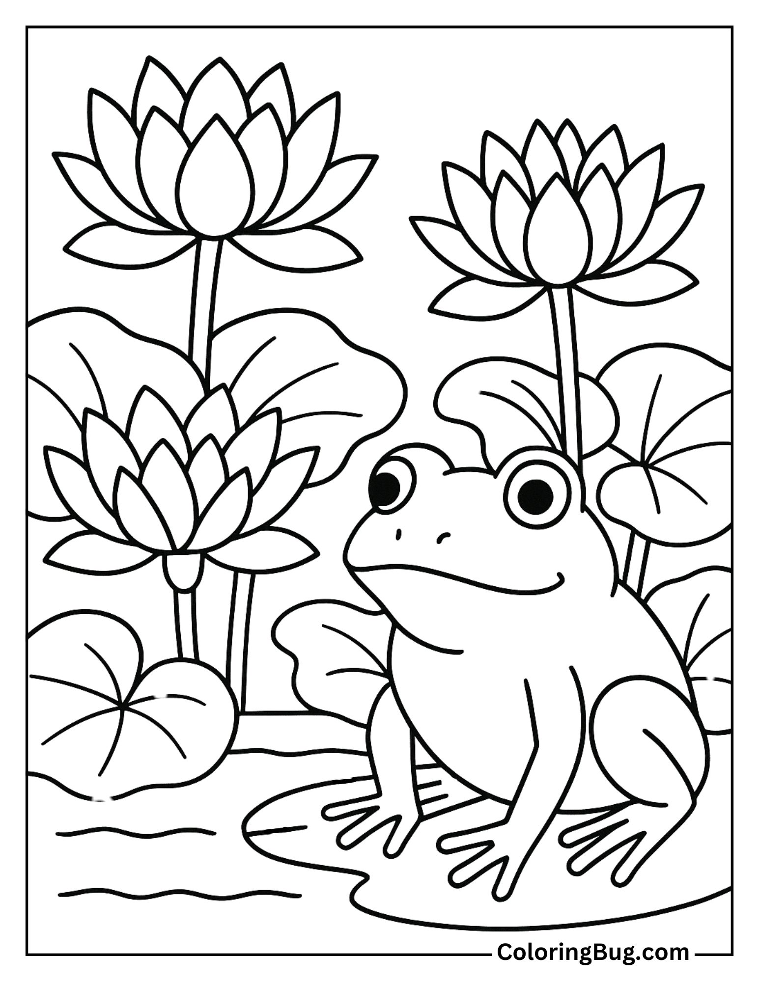 Frog Next to Blooming Lotus Flowers in a Garden Coloring Sheet