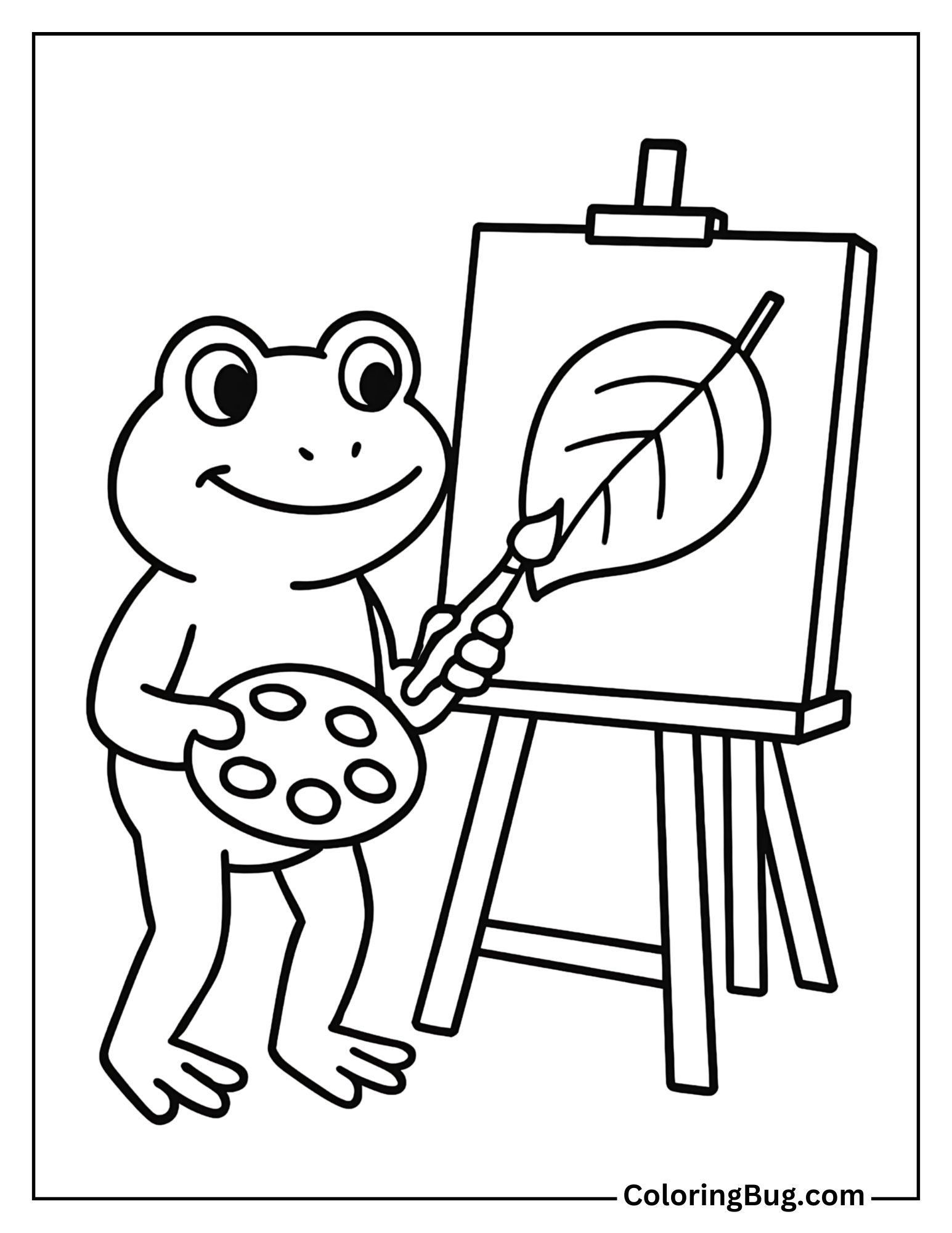 Frog Painting Leaf on Canvas Coloring Sheet