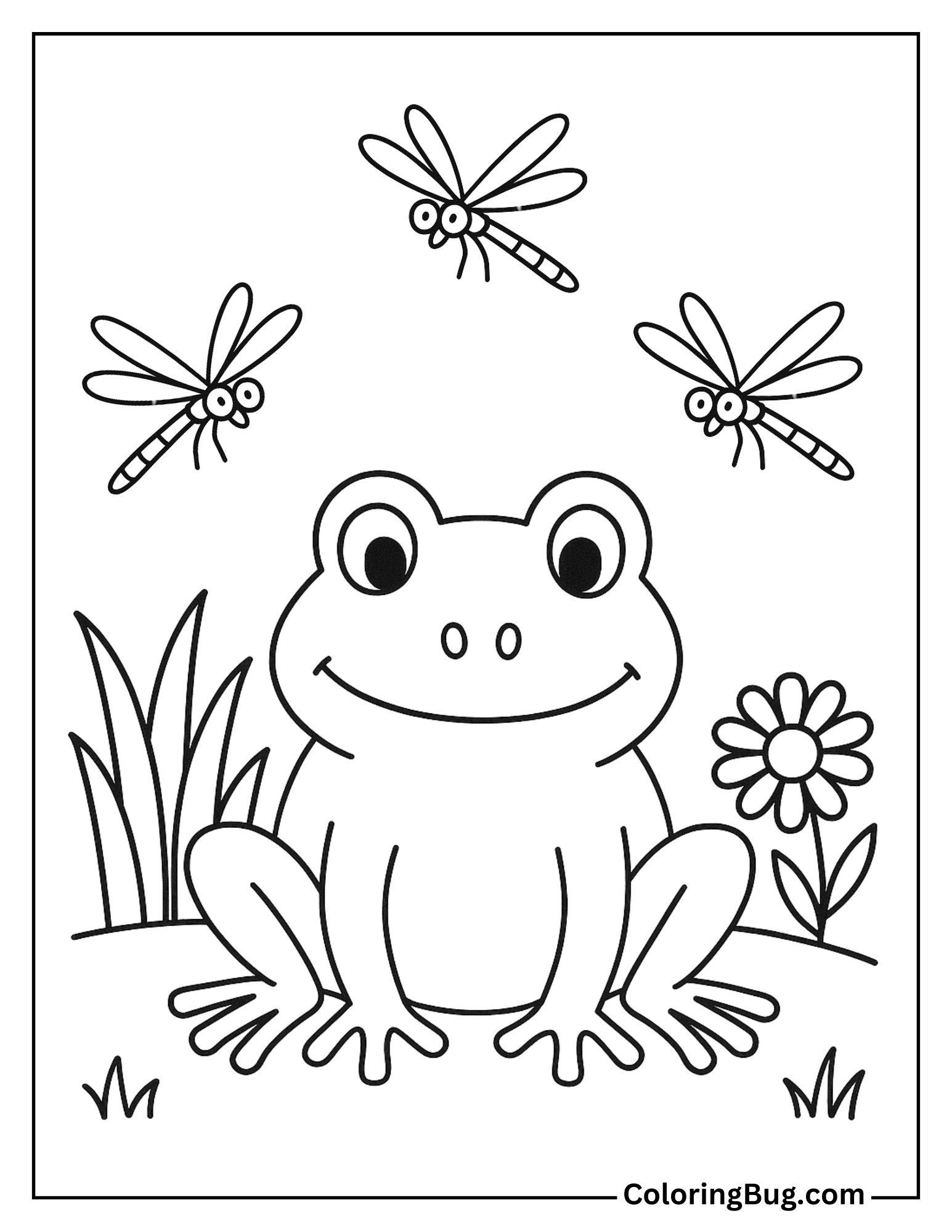 Frog Surrounded by Buzzing Dragonflies Coloring Sheet