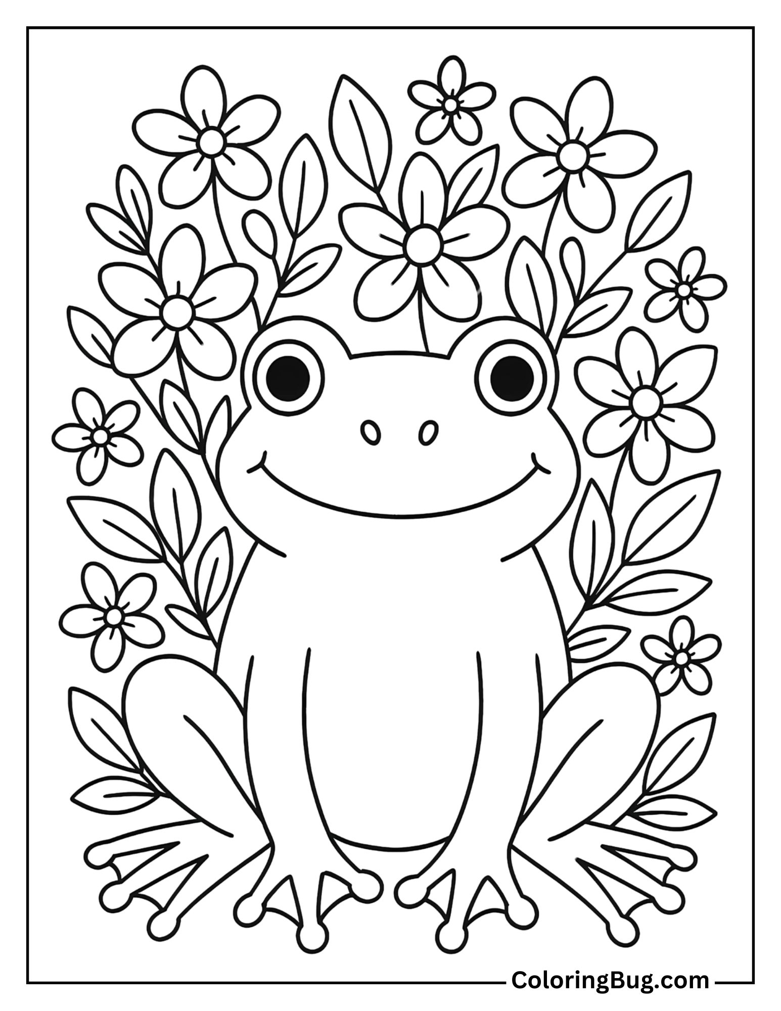 Frog Surrounded by Spring Blossoms Coloring Sheet
