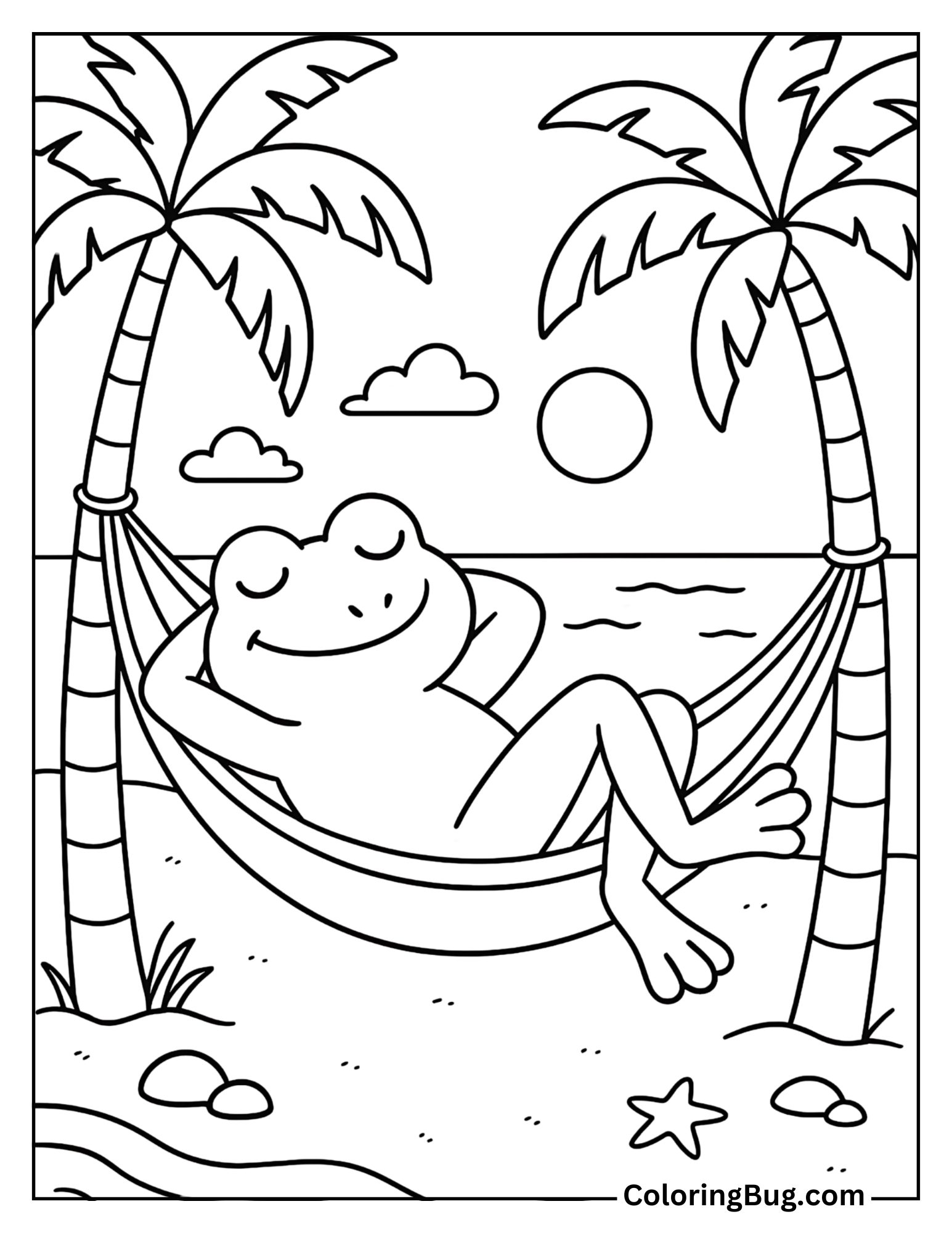 Frog Taking a Nap in a Hammock Coloring Sheet