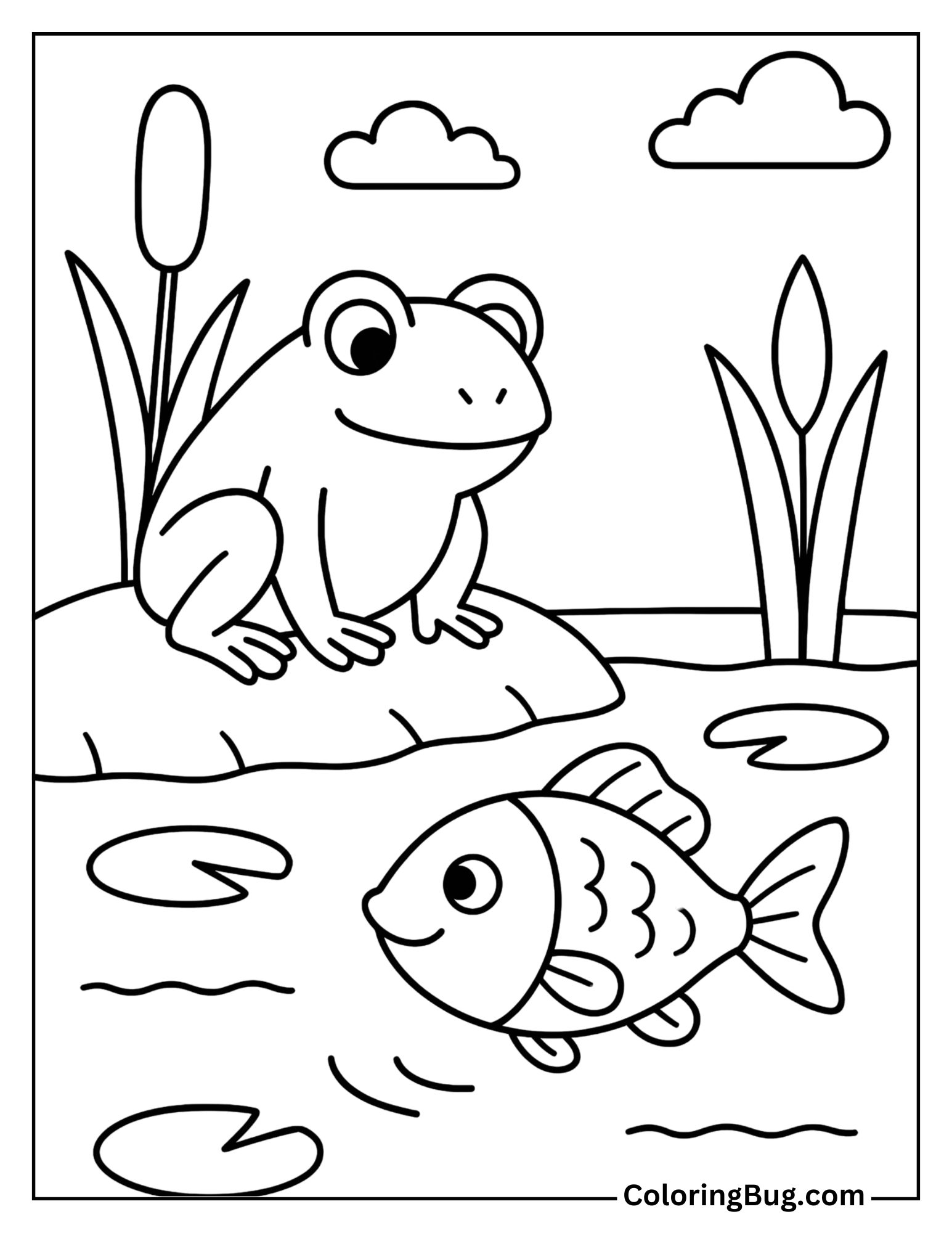 Frog Watching Fish in a Pond Coloring Sheet
