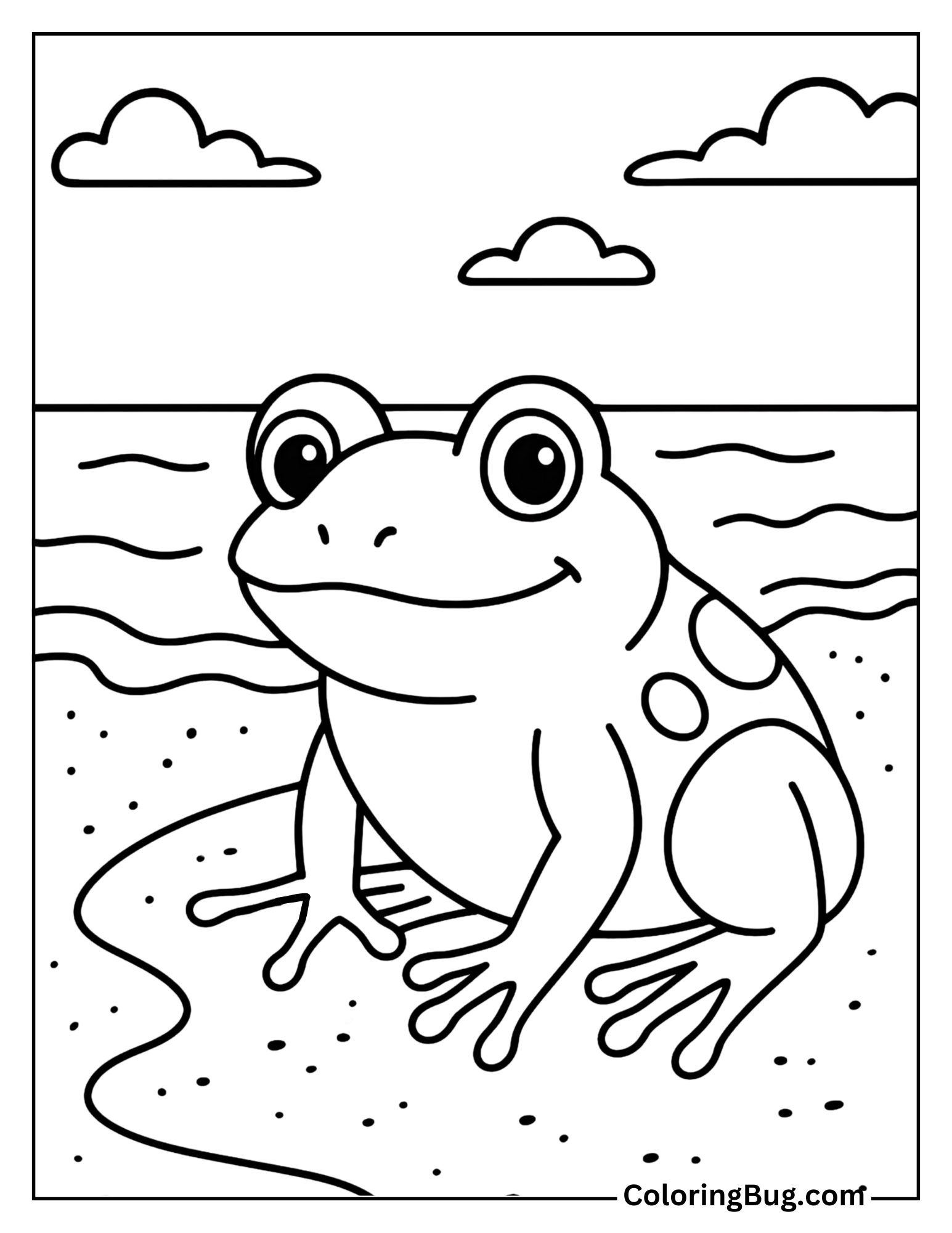 Frog on a Sandy Bank Near Water Coloring Sheet
