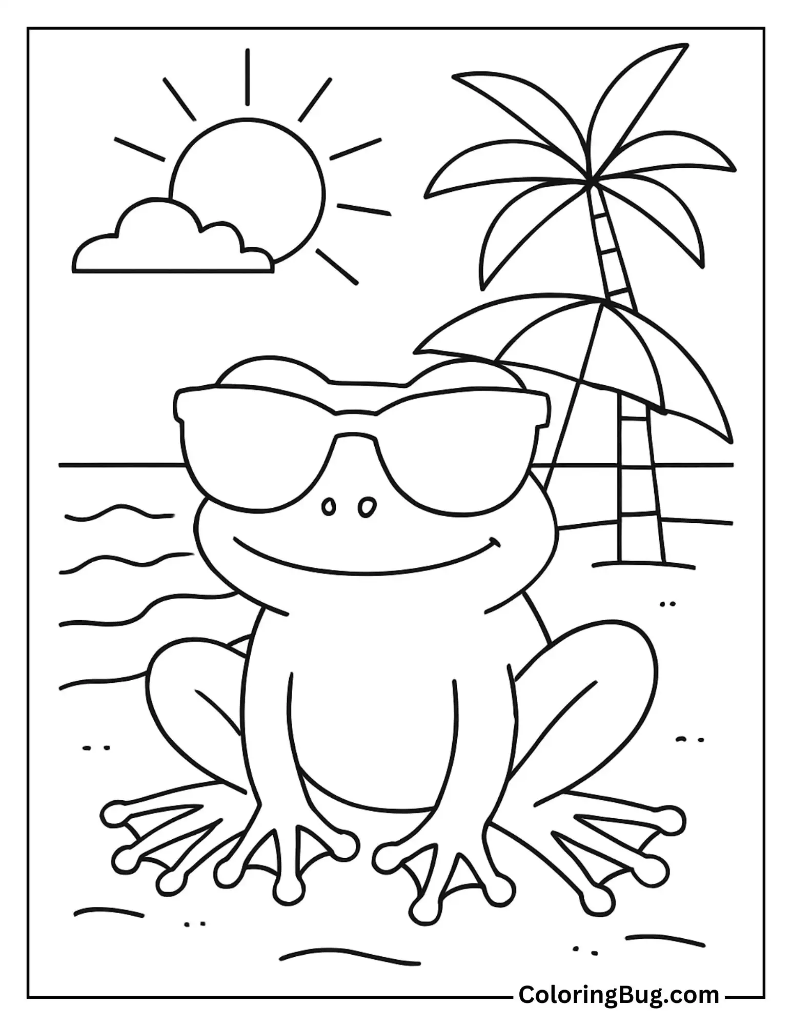 Frog with Sunglasses at the Beach Coloring Sheet