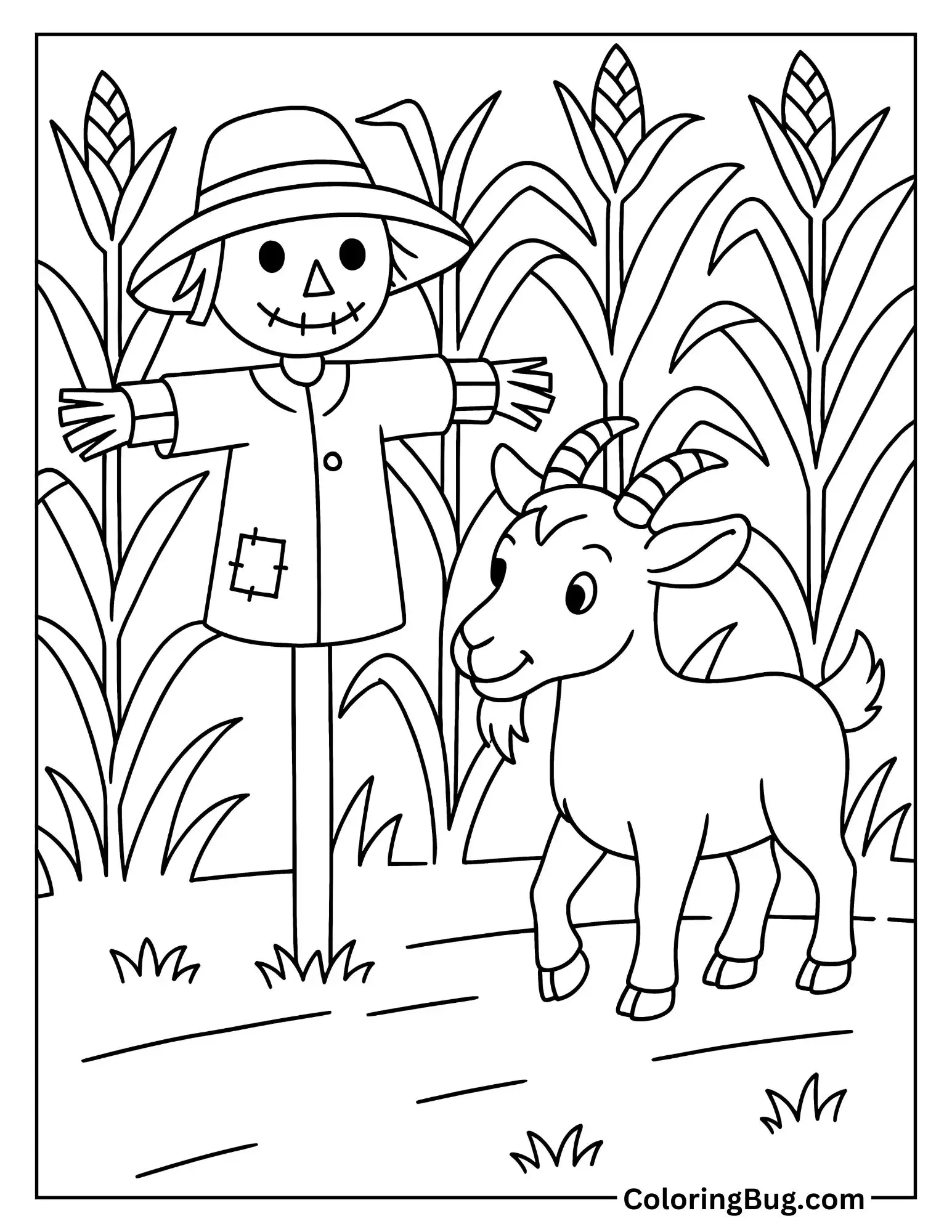 Goat Standing Beside a Scarecrow in a Cornfield Coloring Sheet
