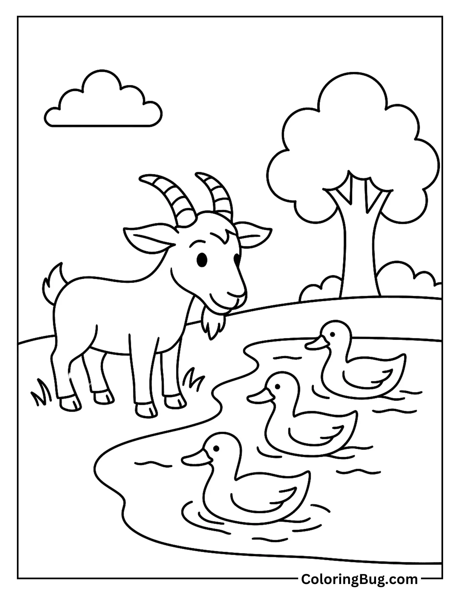 Goat Watching Ducks in a Pond Nearby Coloring Sheet