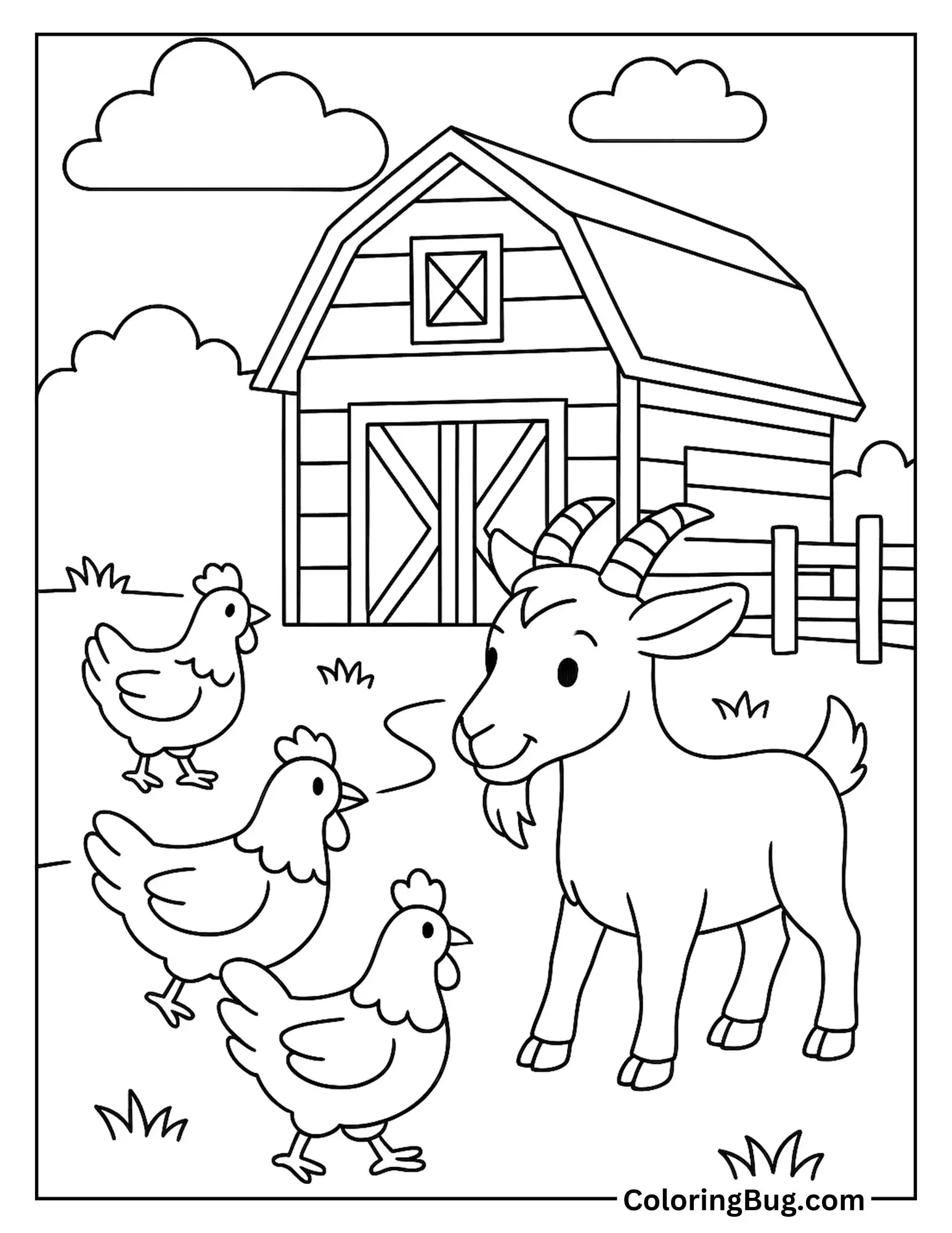 Goat With Chickens in Farm Coloring Sheet (1)
