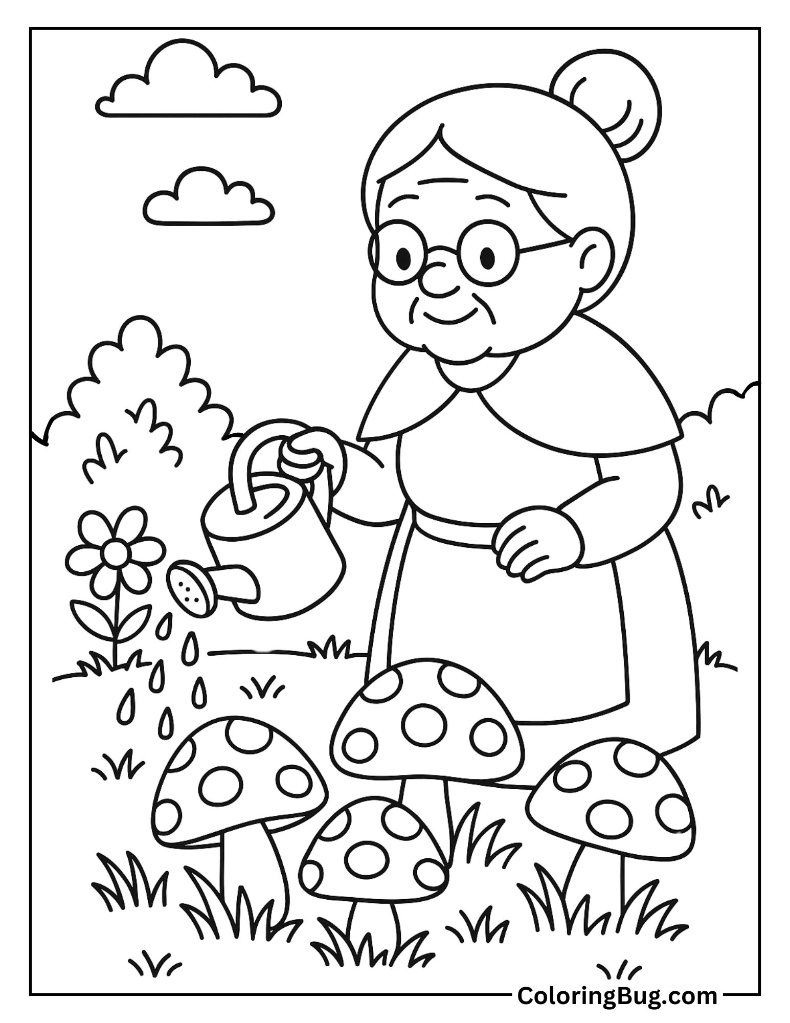 Grandmother Watering Mushrooms in a Garden Coloring Sheet