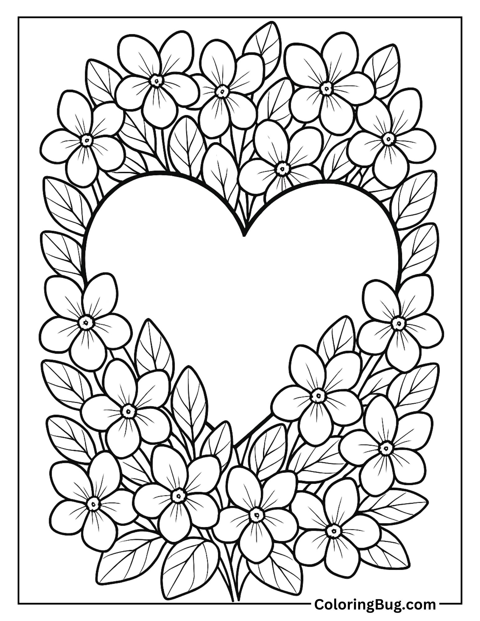 Heart Nestled in a Bed of Violets Coloring Sheet