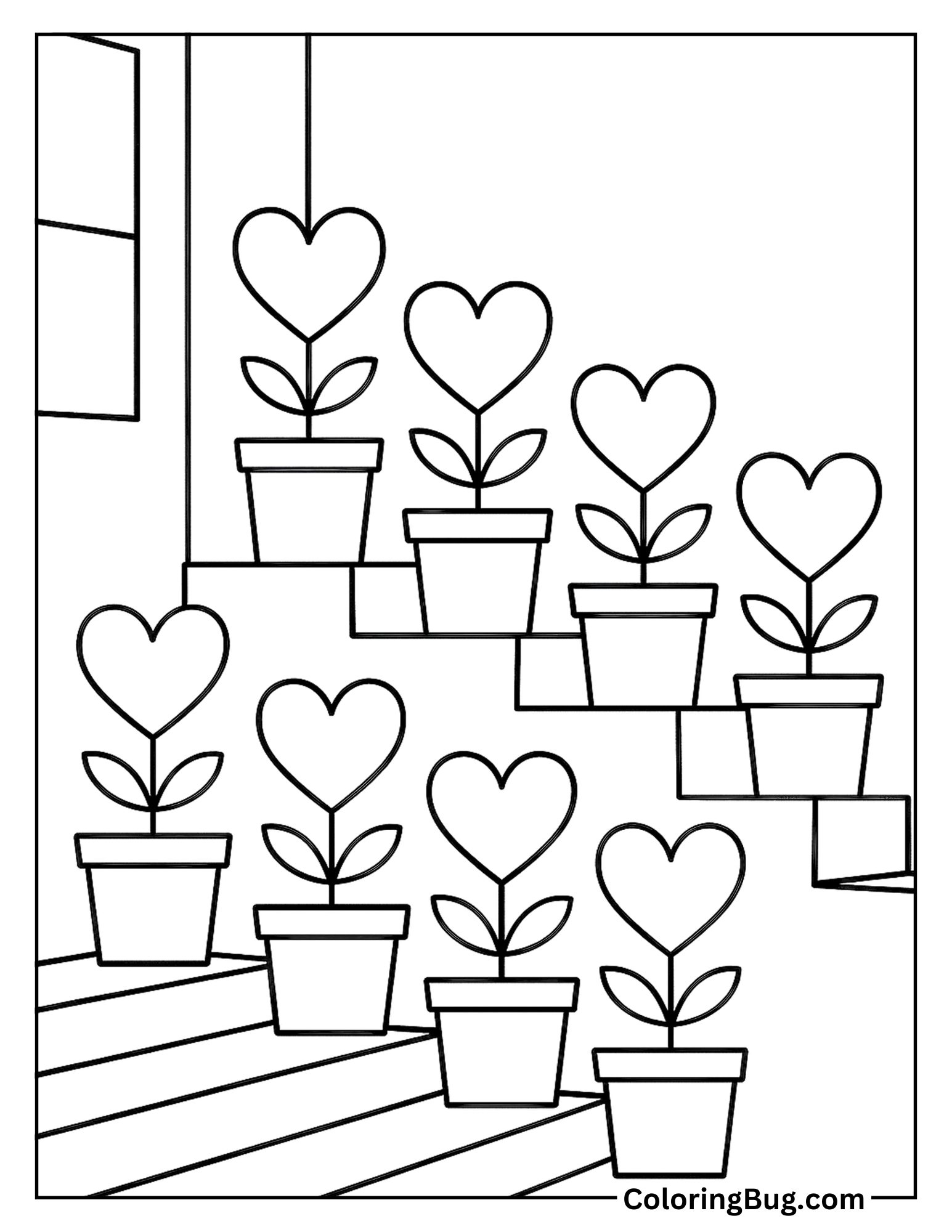 Heart Shaped Plants Blooming in Pots Coloring Sheet