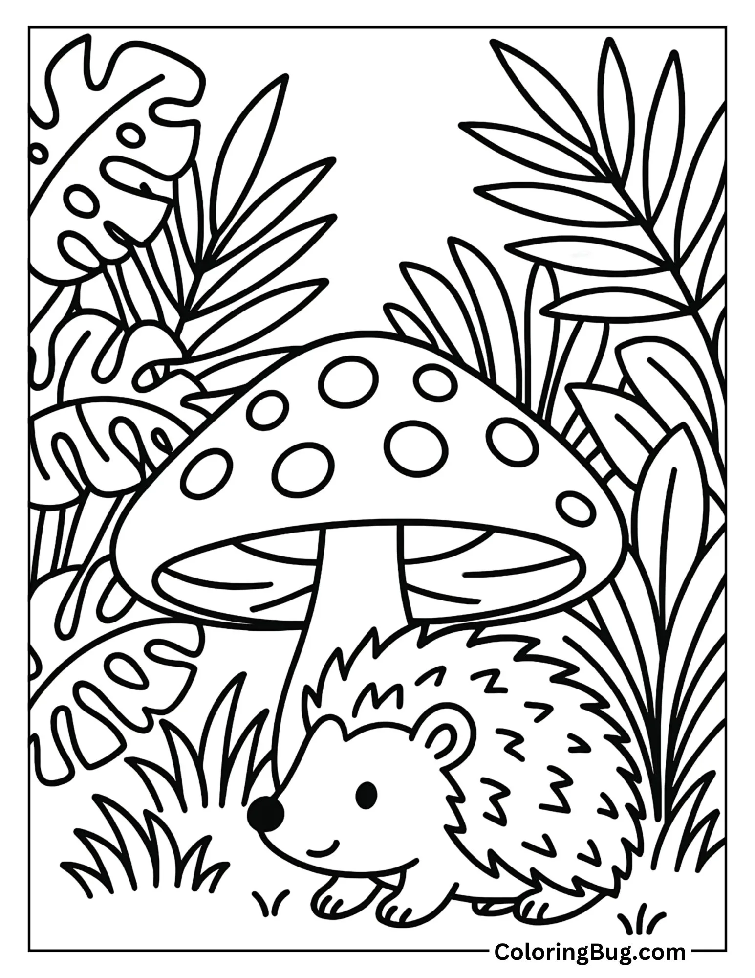 Hedgehog Under a Large Mushroom Coloring Sheet
