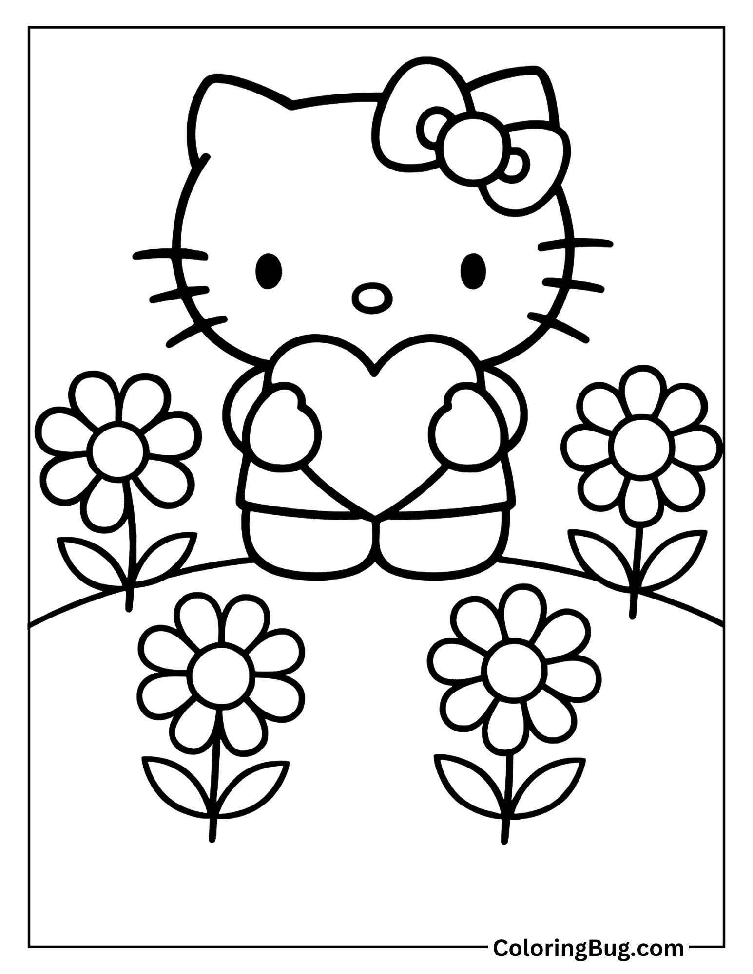 Hello Kitty Holding Heart With Flowers Coloring Sheet