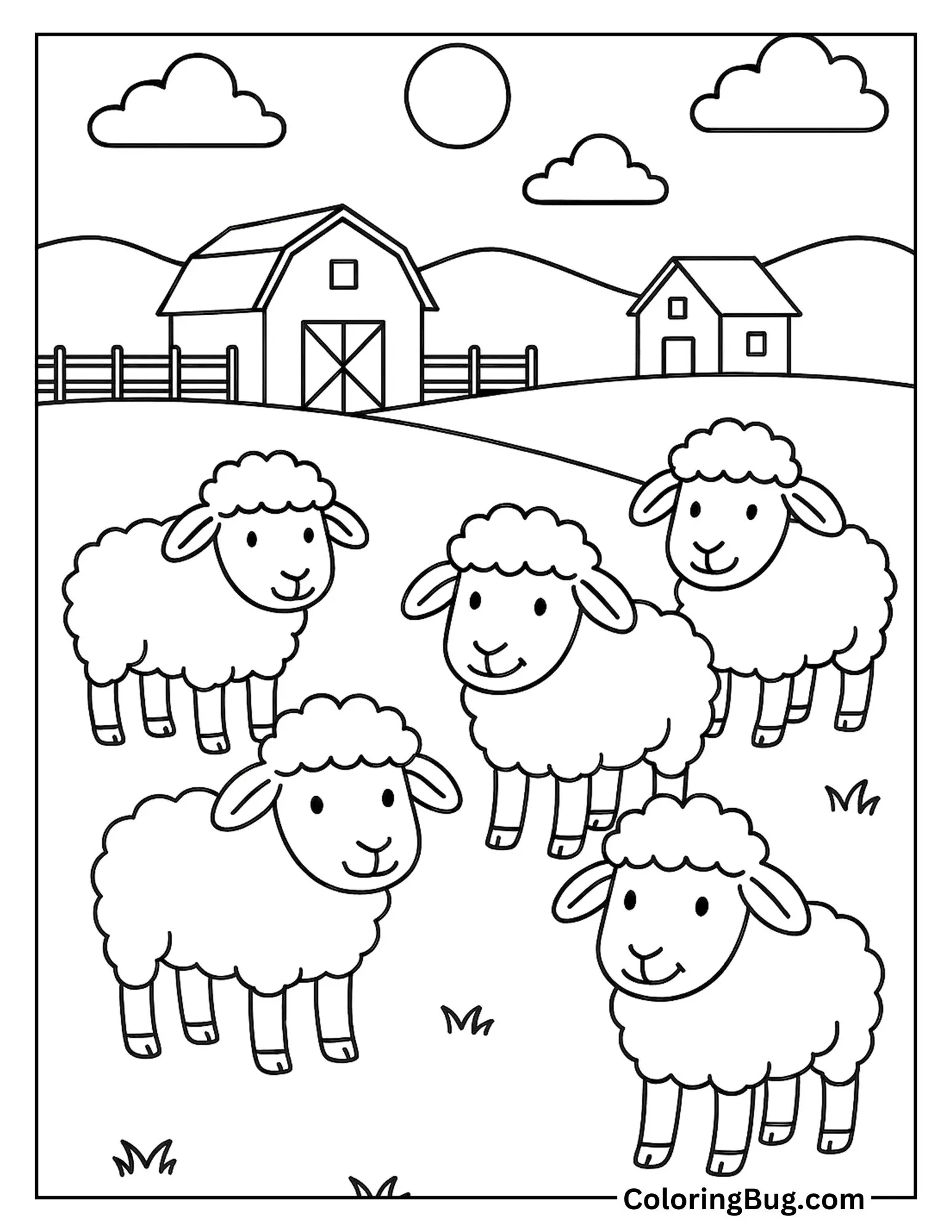 Herd of Sheep Near Farm Coloring Sheet