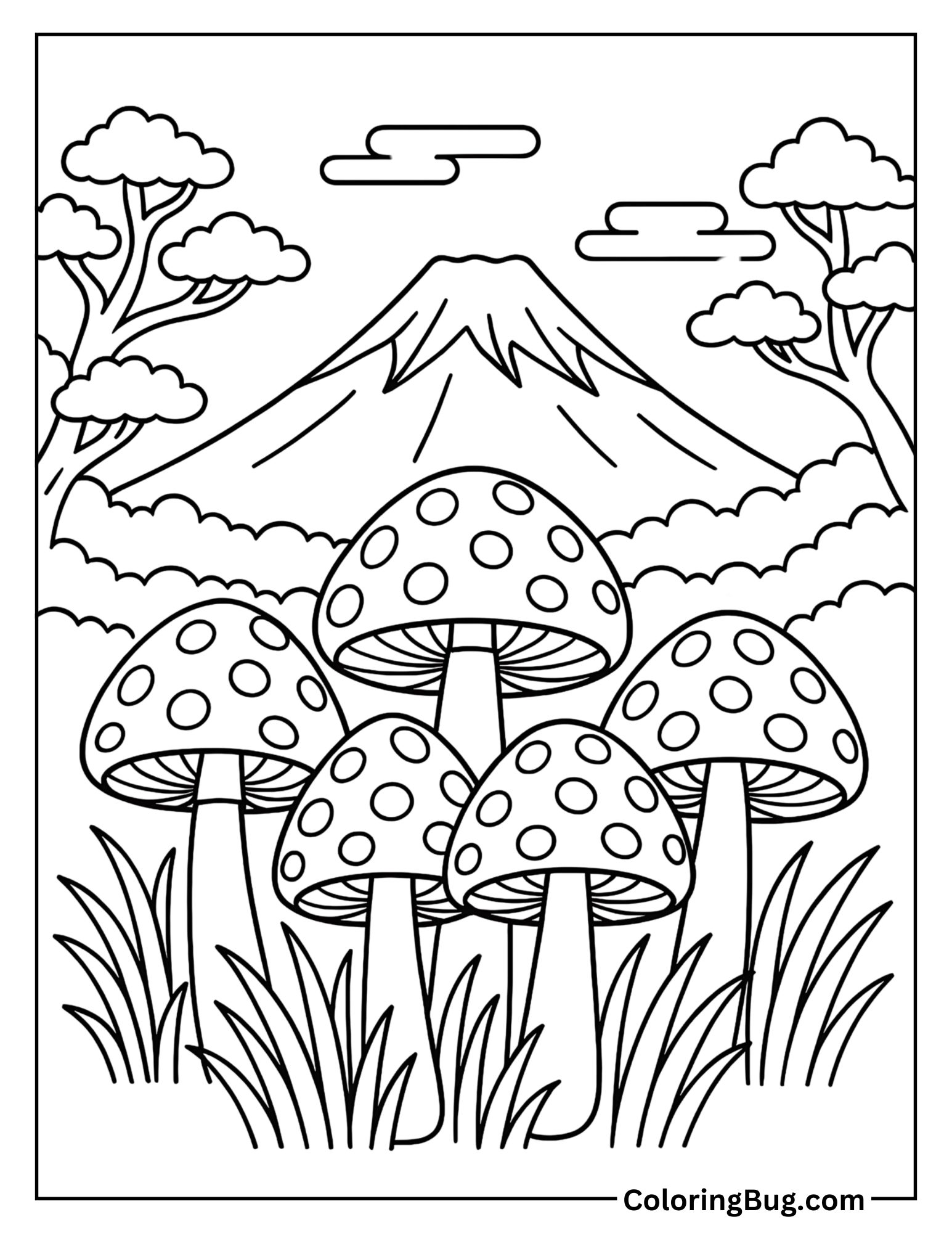 Japanese Mushroom Forest with Mt. Fuji Coloring Sheet