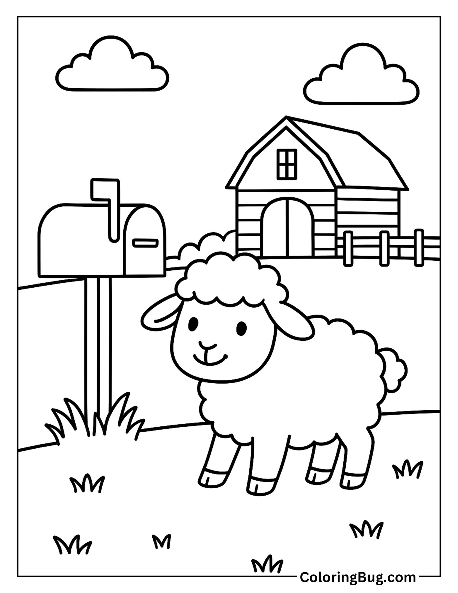 Lamb Beside a Mailbox at a Farmhouse Coloring Sheet