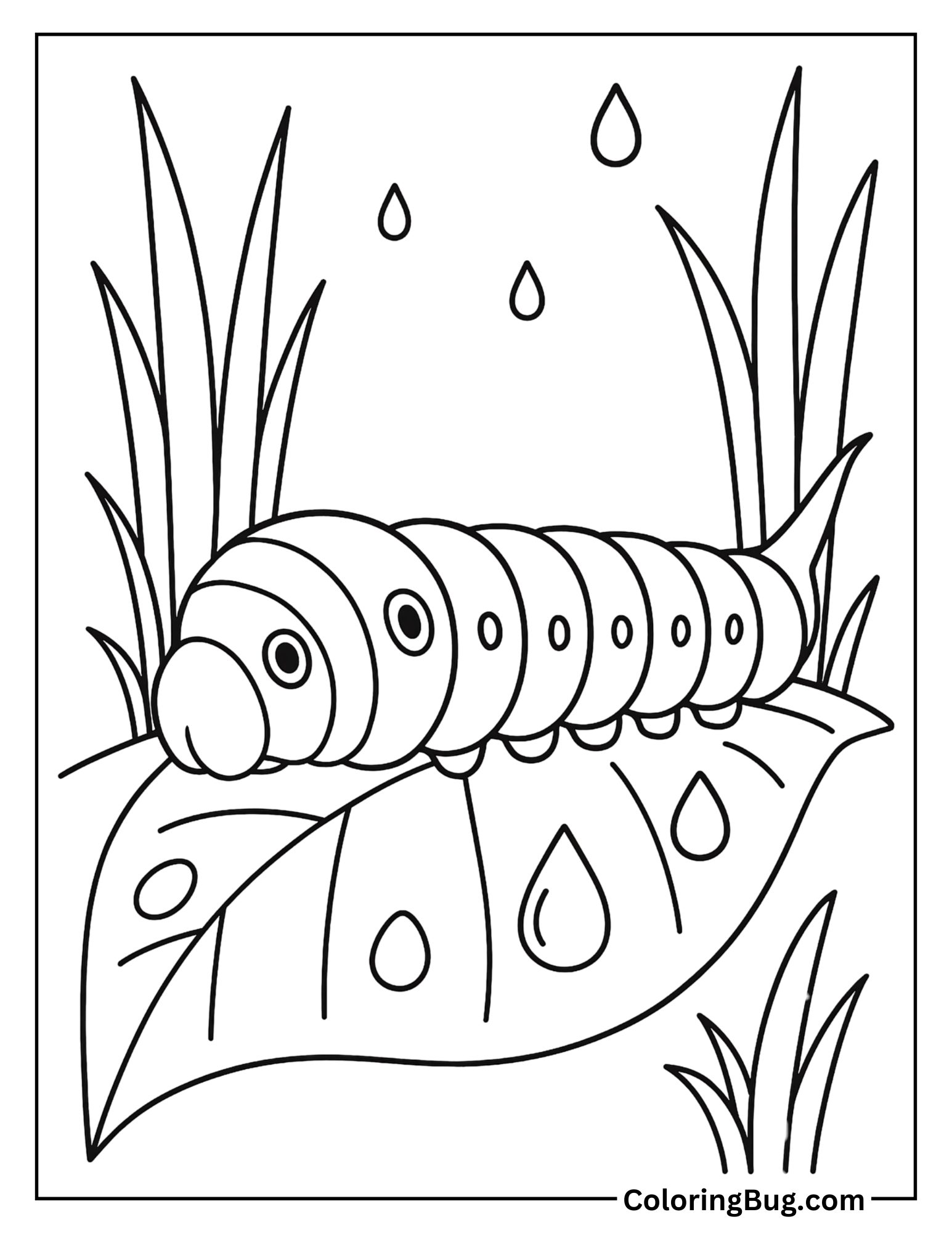 Large Hawk Moth Caterpillar on Dewy Morning Leaf Coloring Sheet