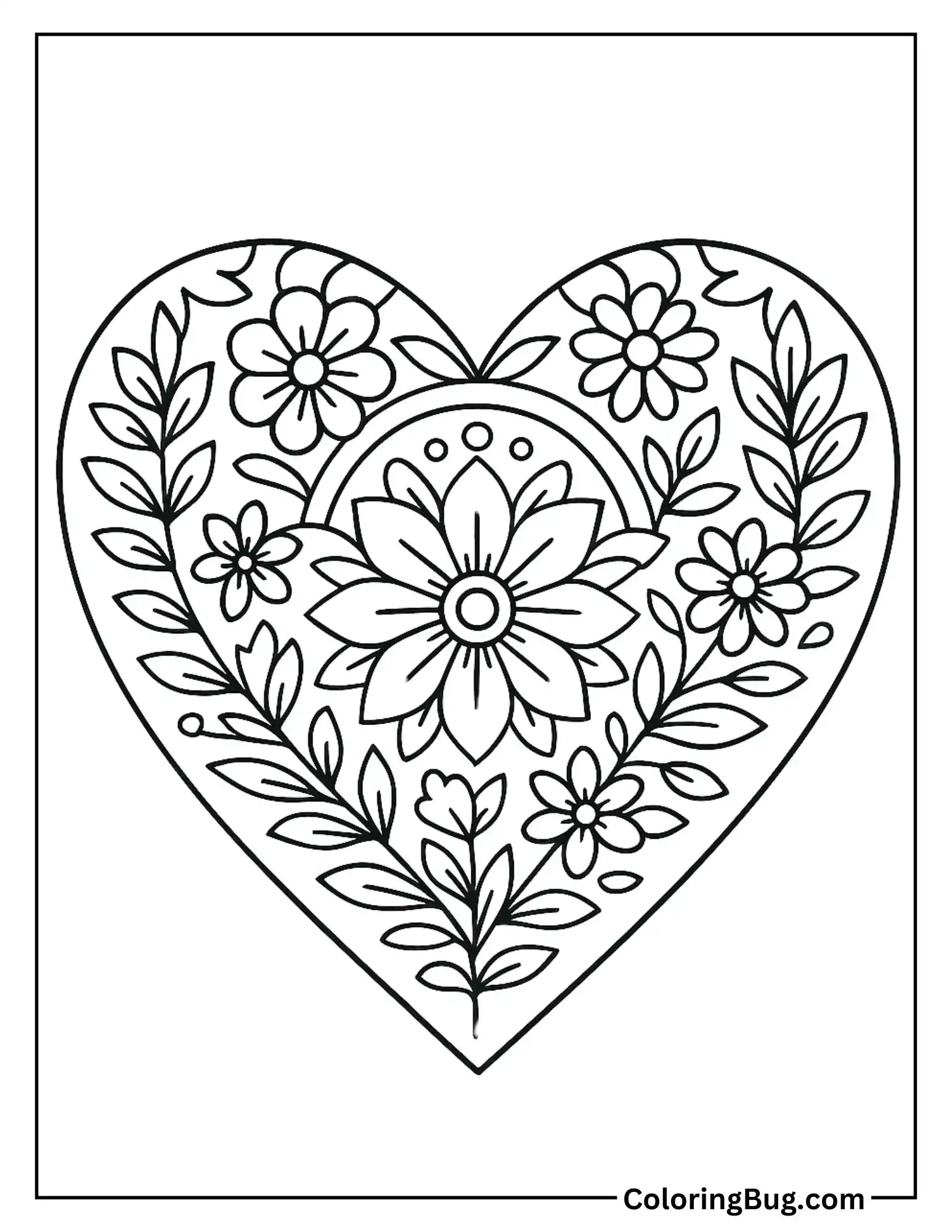 Mandala Heart with Floral Patterns Coloring Sheet