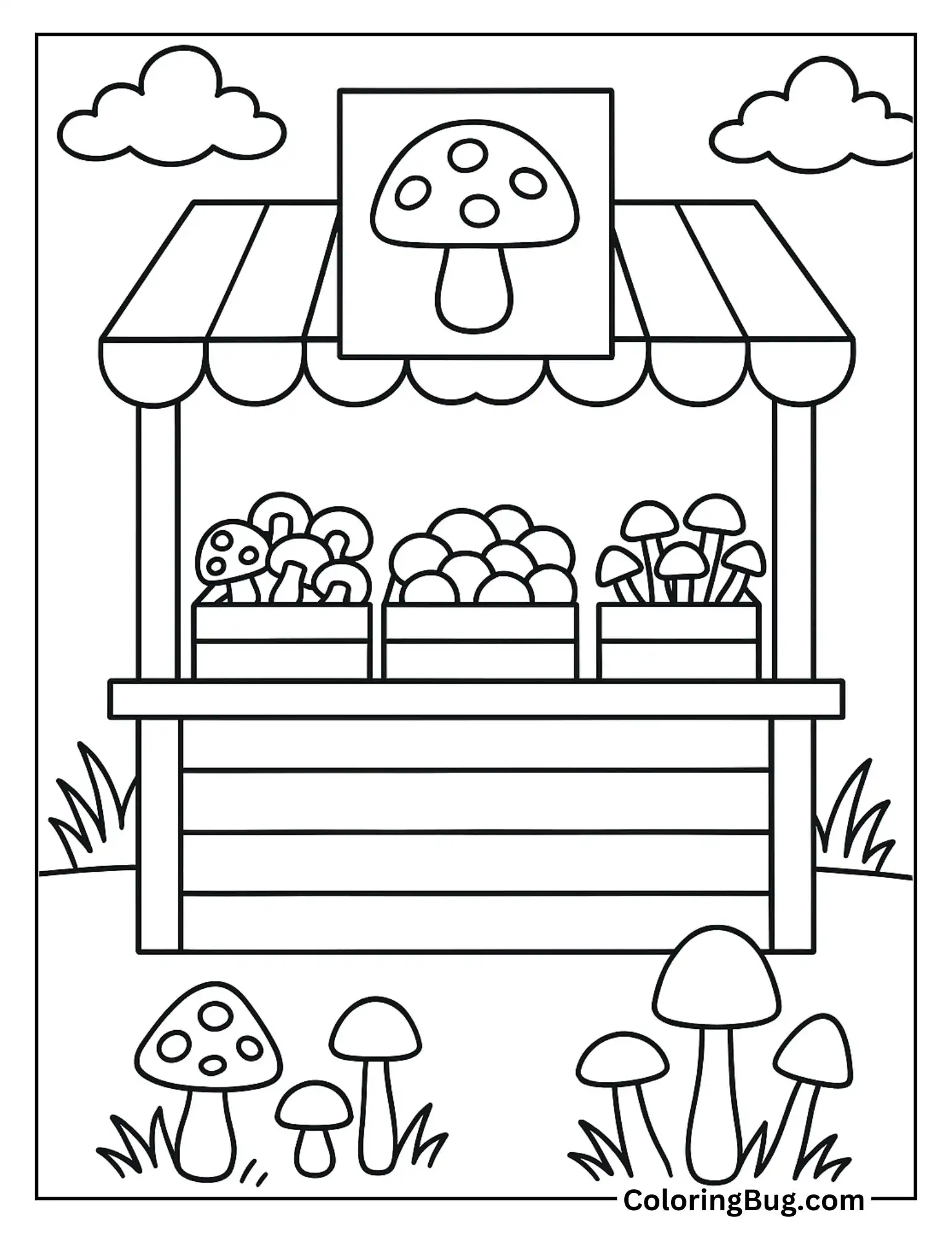 Market Stall Selling Mushrooms Coloring Sheet