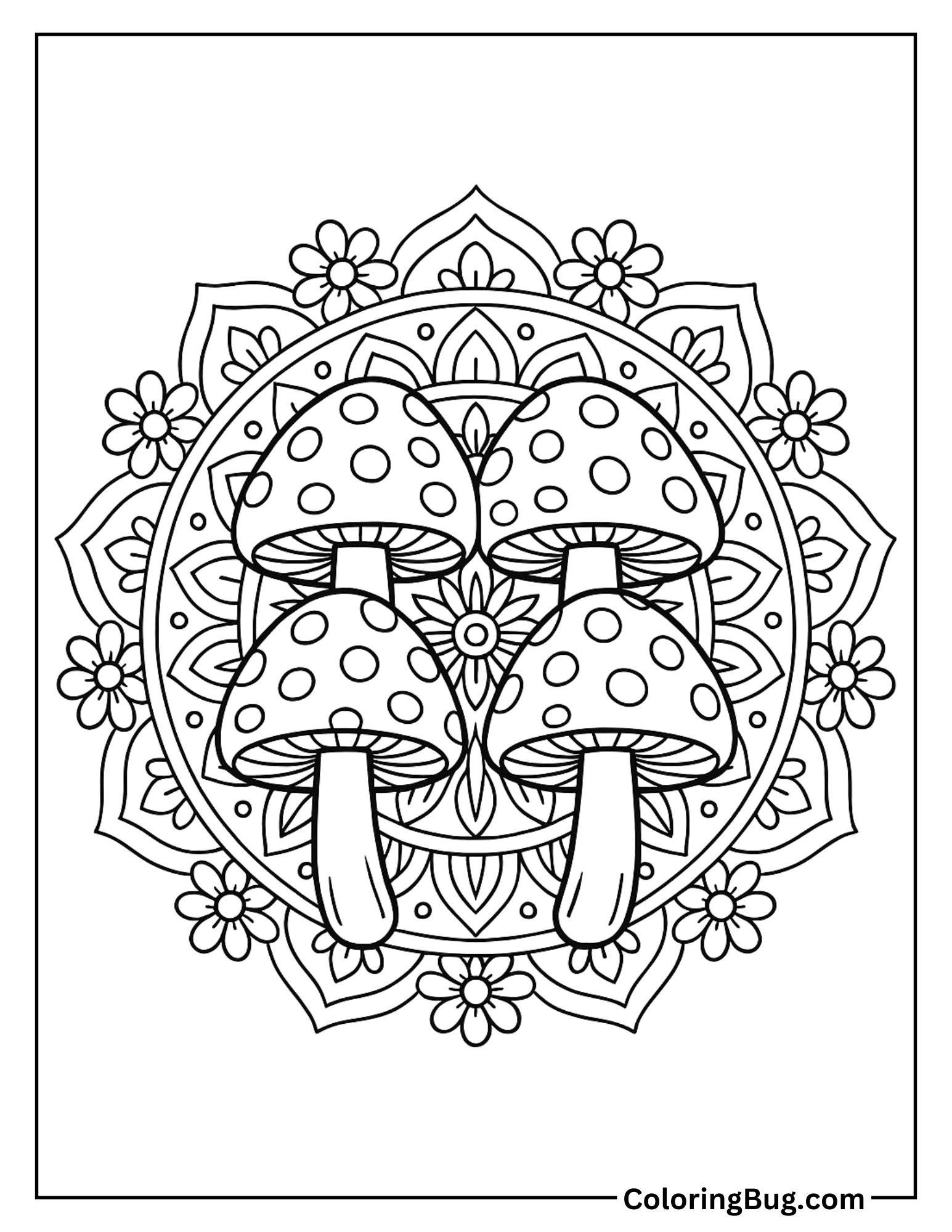 Mushroom Mandala with Symmetrical Caps Coloring Sheet