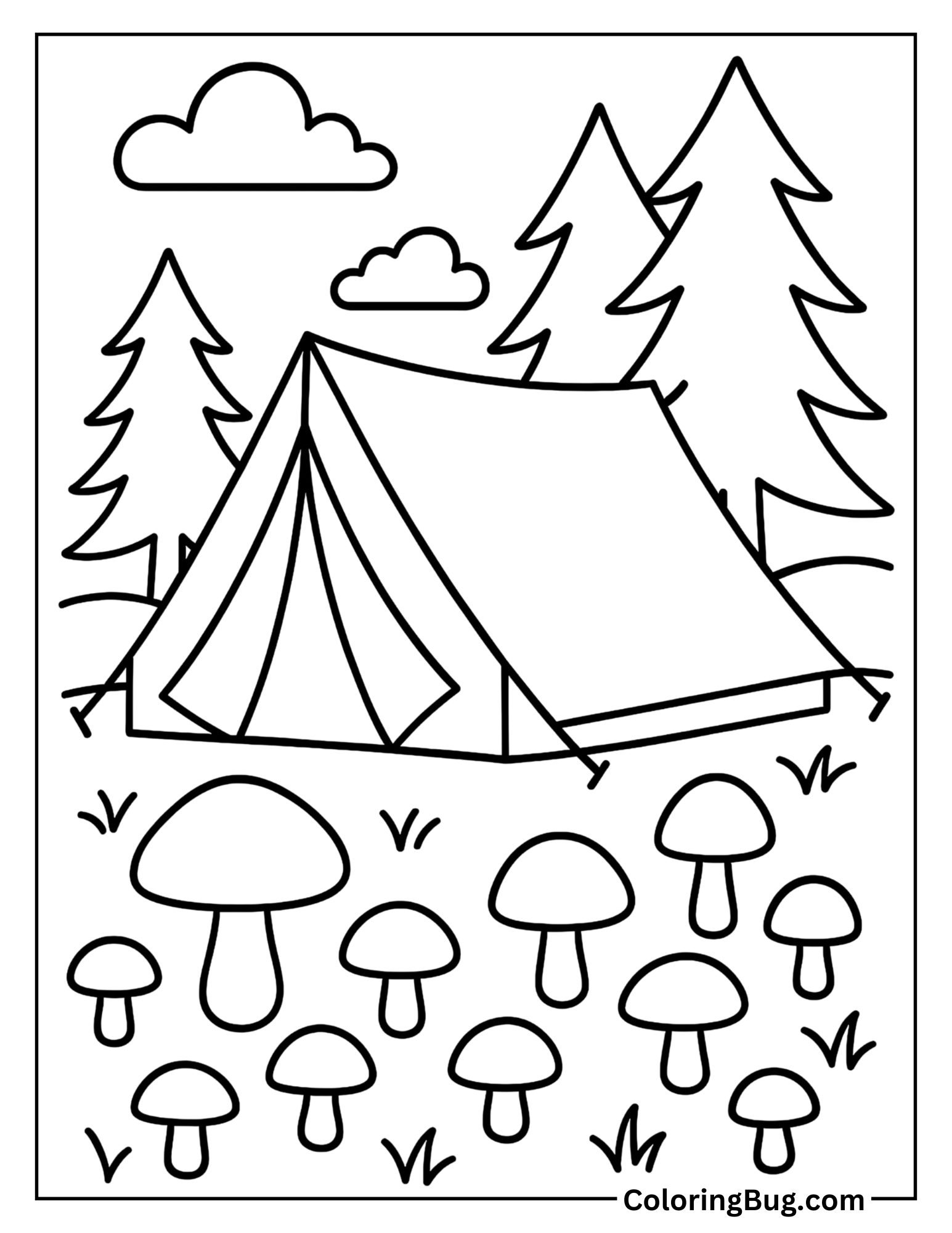 Mushrooms Beside a Tent in the Woods Coloring Sheet
