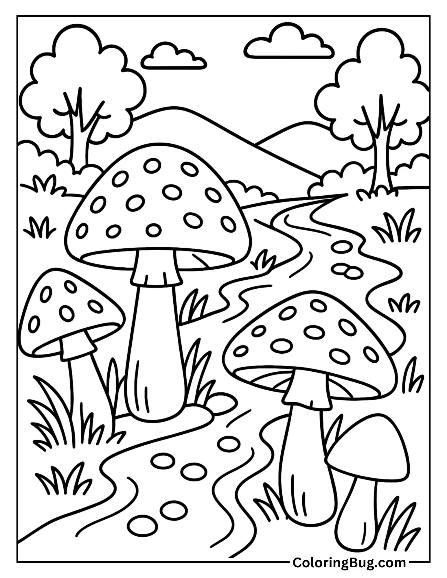 Mushrooms Next to a Bubbling Creek Coloring Sheet