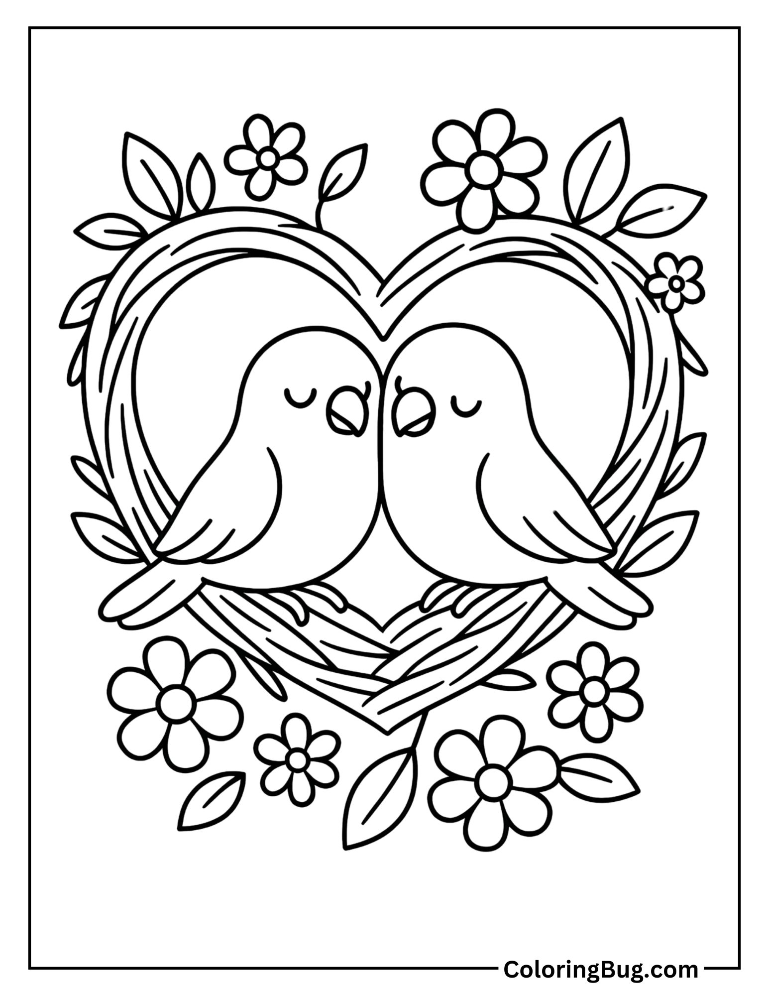 Pair of Lovebirds in a Heart Nest with Flowers Coloring Sheet