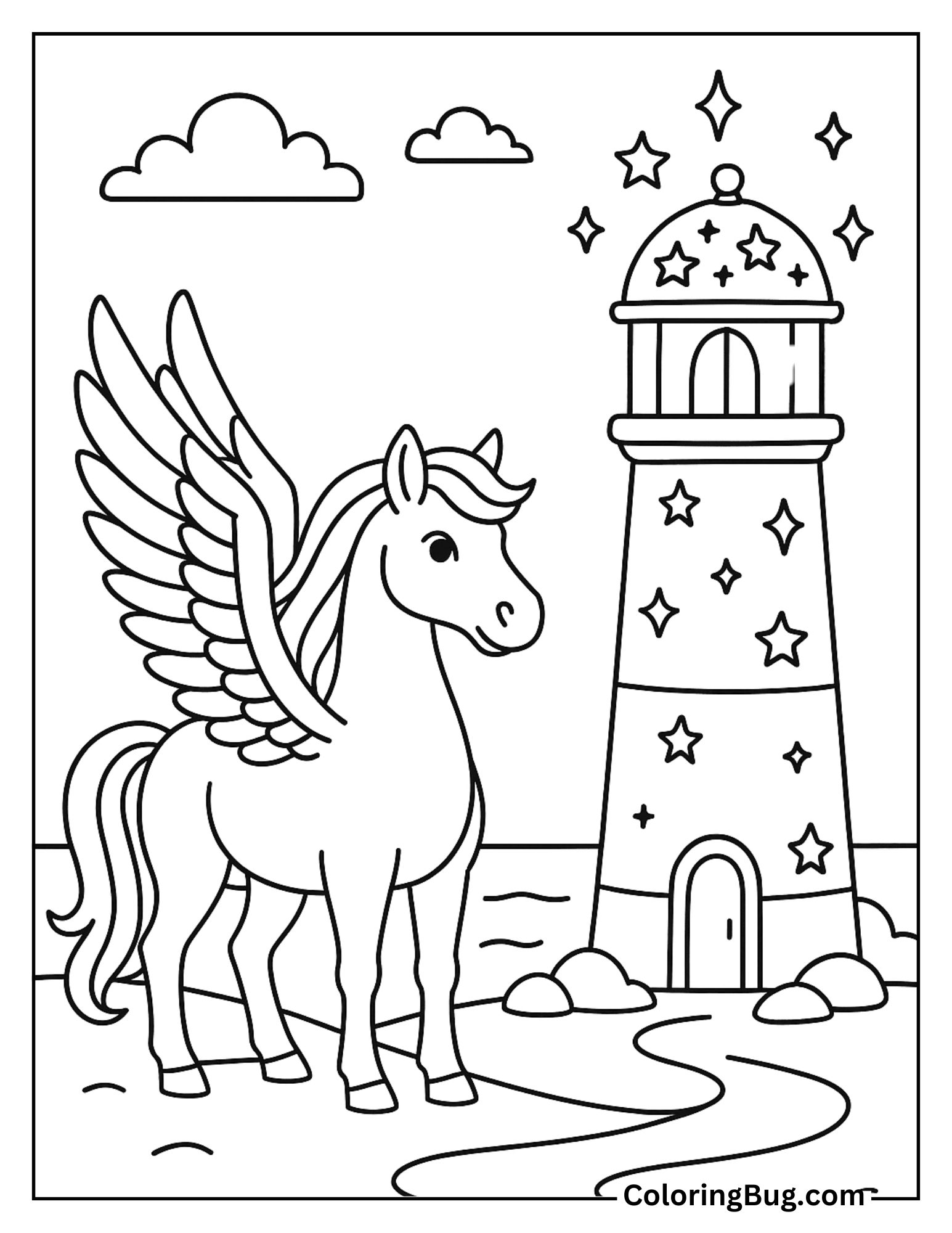 Pegasus Beside a Magical Lighthouse Coloring Sheet