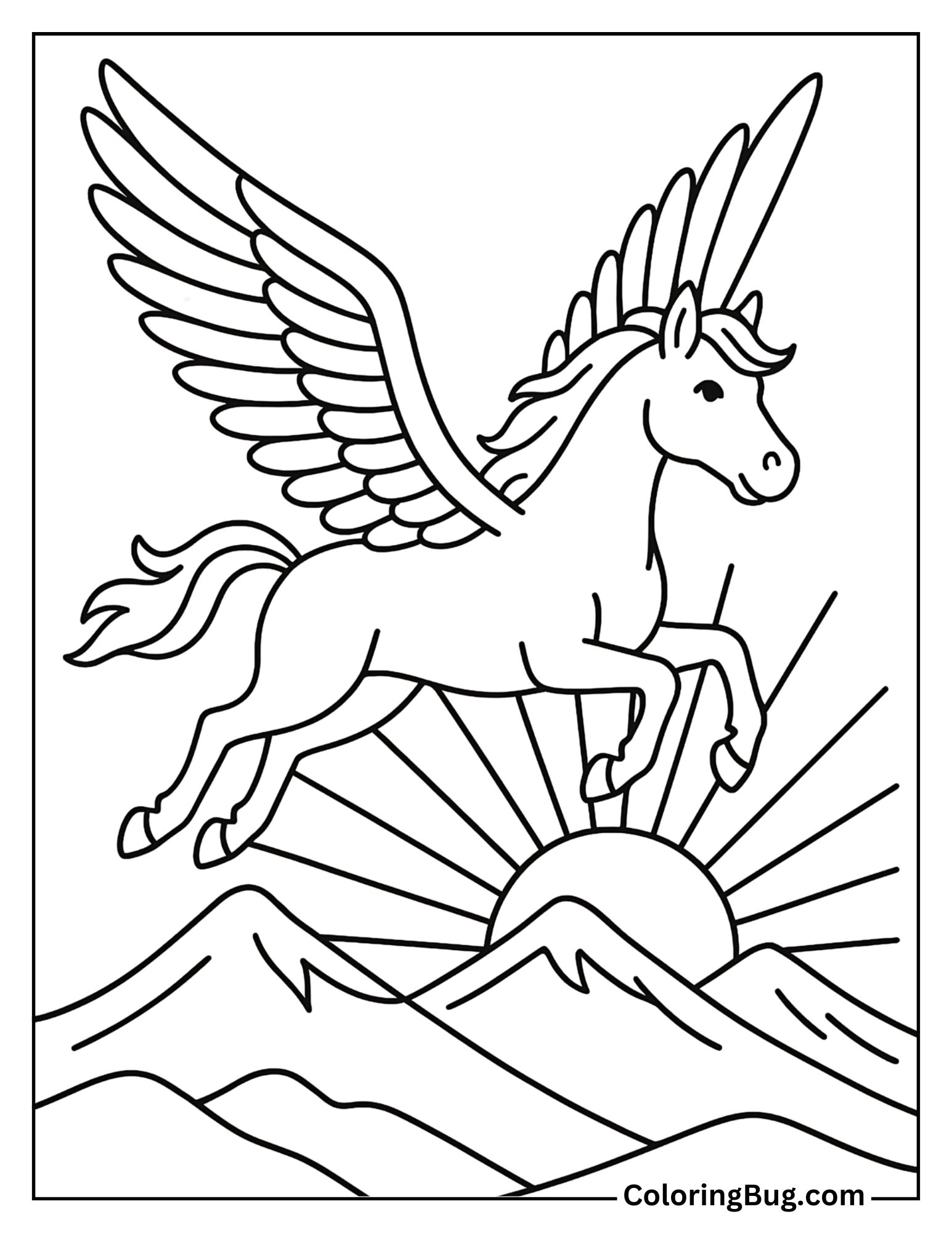 Pegasus Flying at Sunrise Over Mountains Coloring Sheet