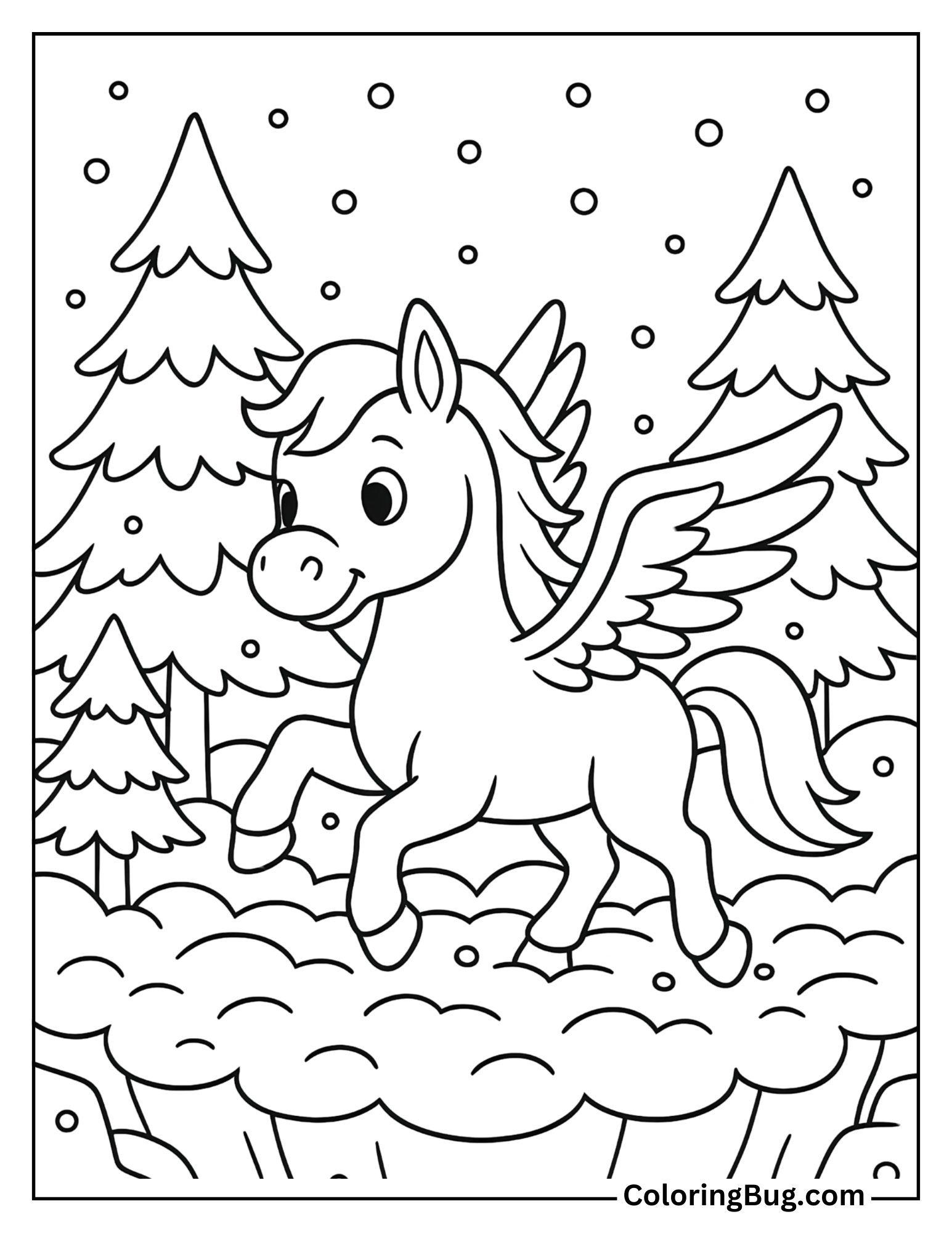 Pegasus Playing in a Snowy Forest Surrounded Snow Coloring Sheet