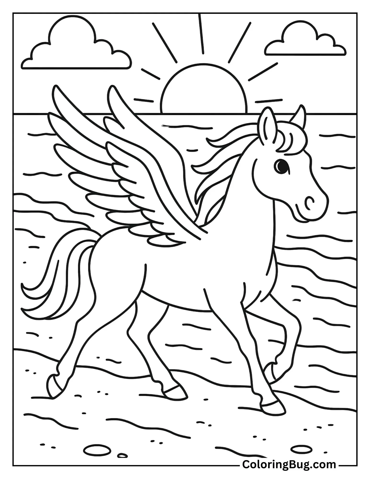 Pegasus Trotting on a Sandy Beach at sunset Coloring Sheet
