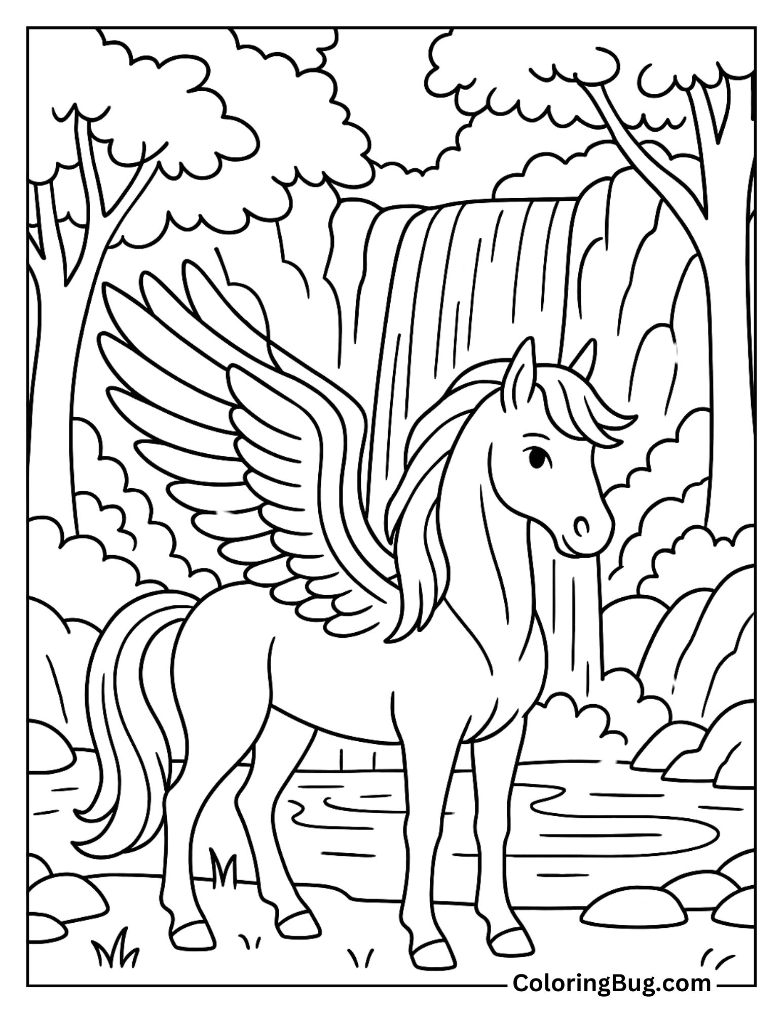 Pegasus Under a Waterfall in a Forest Glade Coloring Sheet