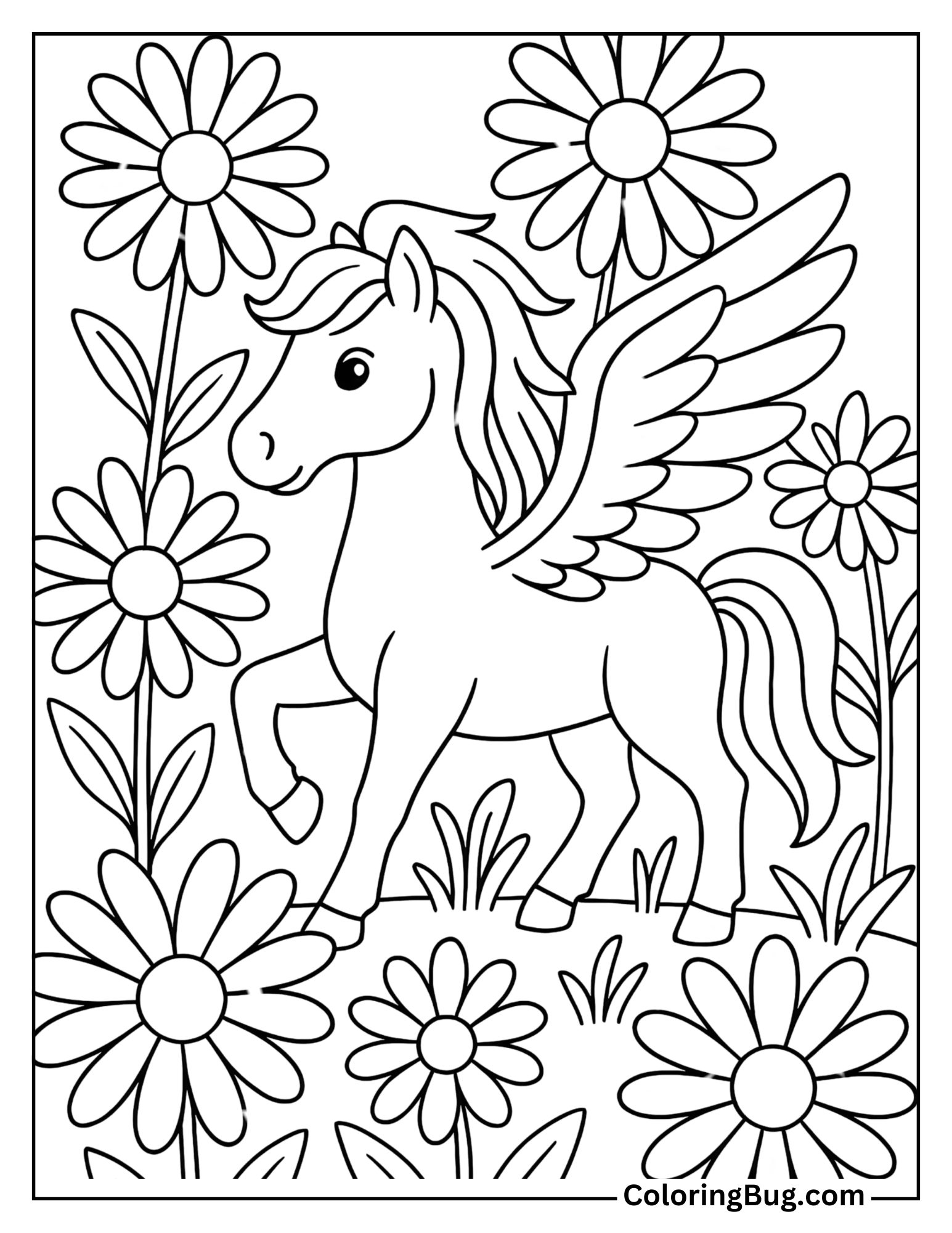Pegasus in a Field of Oversized Daisies Coloring Sheet