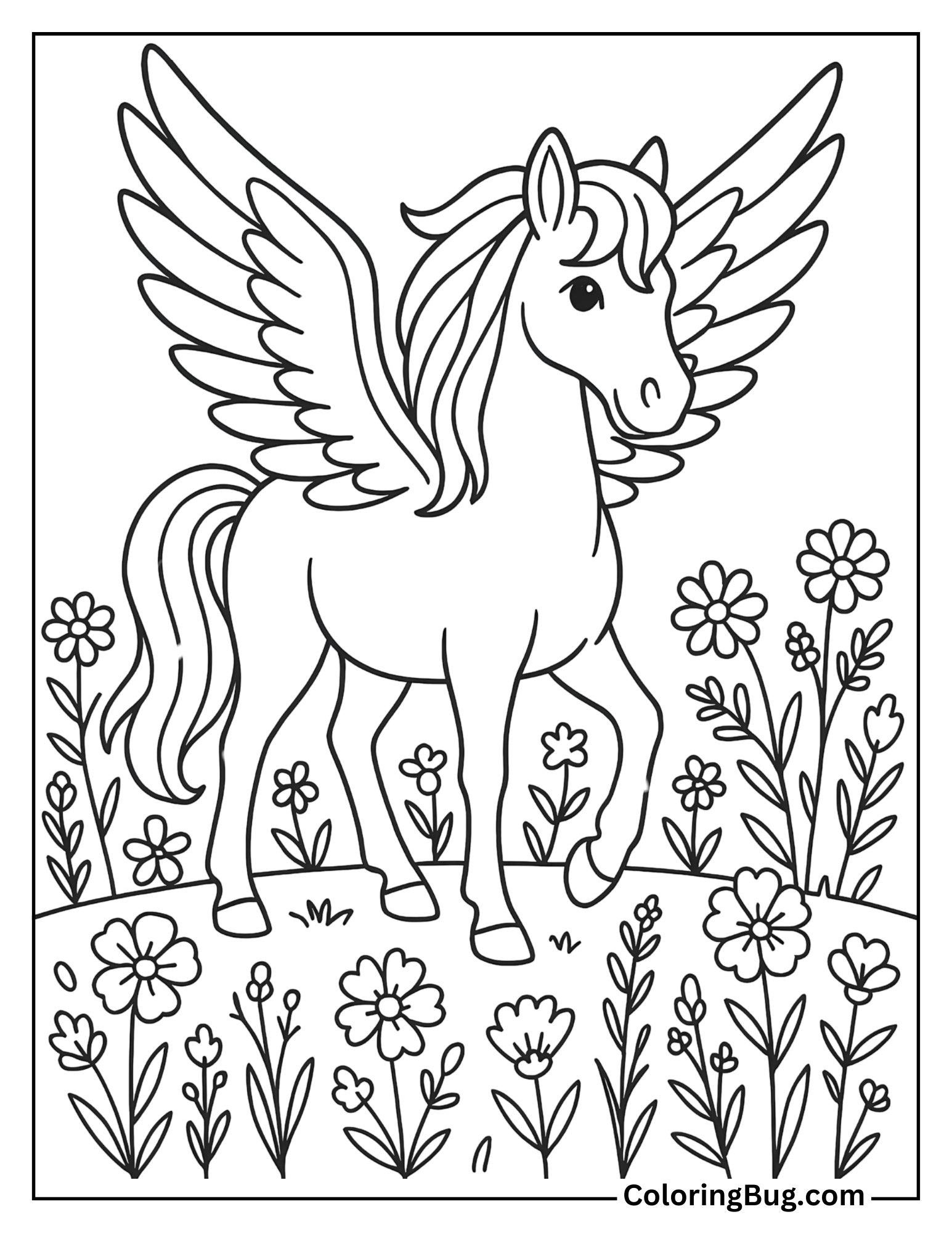 Pegasus in a Meadow Filled with Wildflowers Coloring Sheet