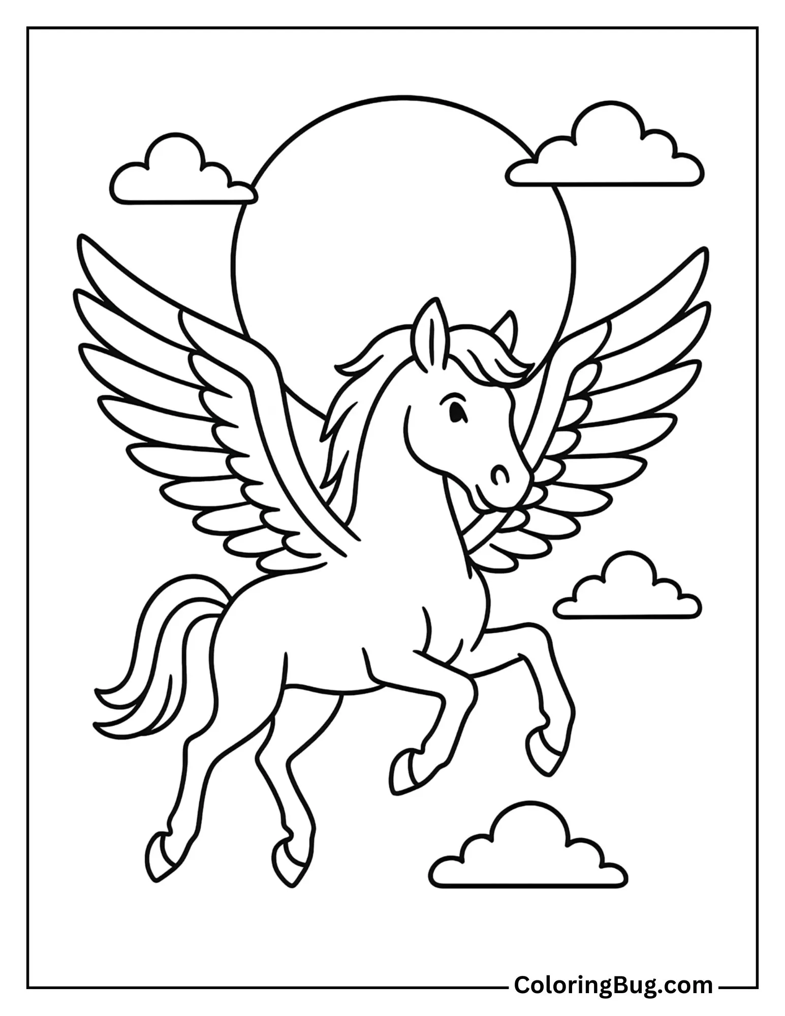 Pegasus with Wings Spread Under a Full Moon Coloring Sheet