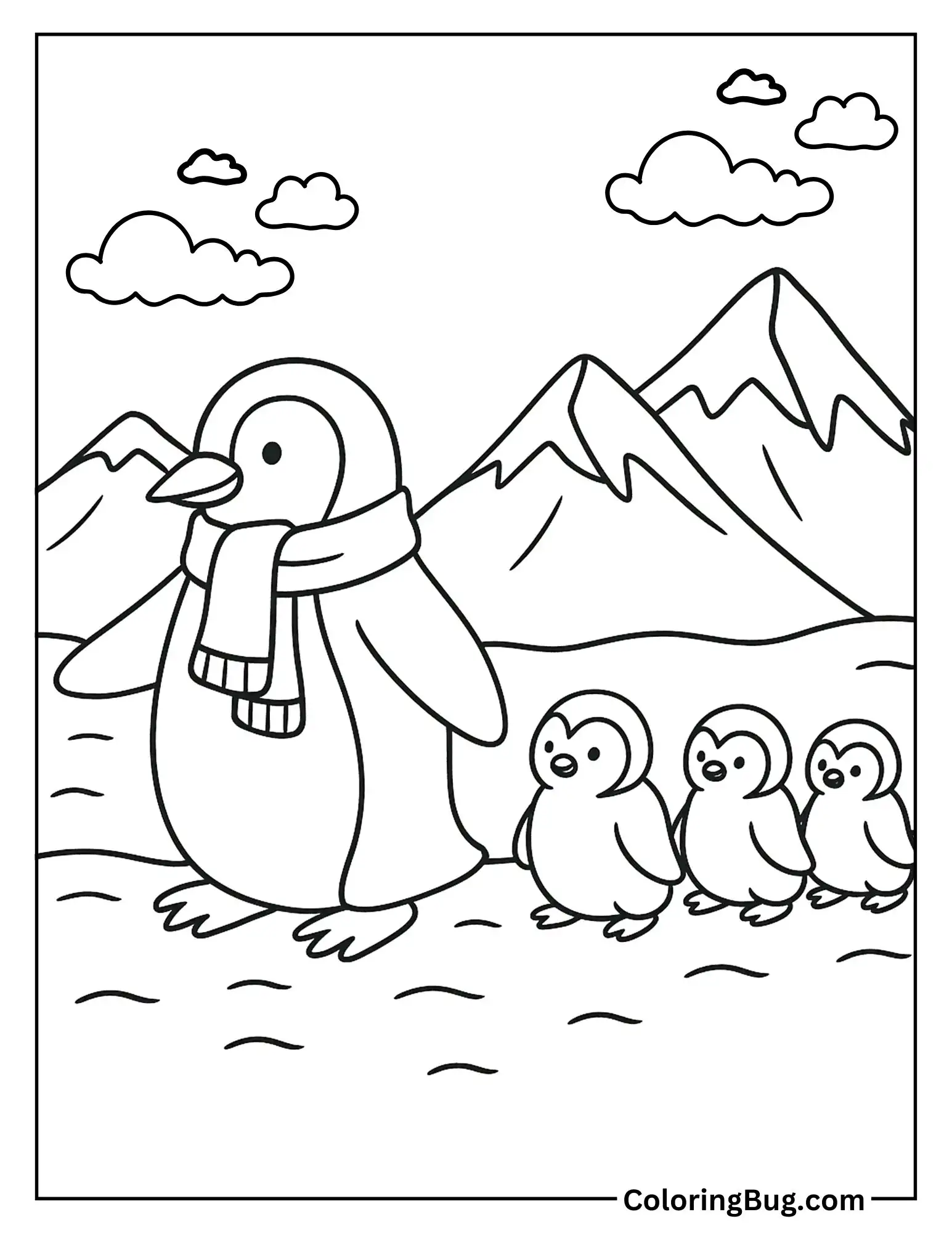 Penguin Guiding Chicks Across Snow Coloring Sheet