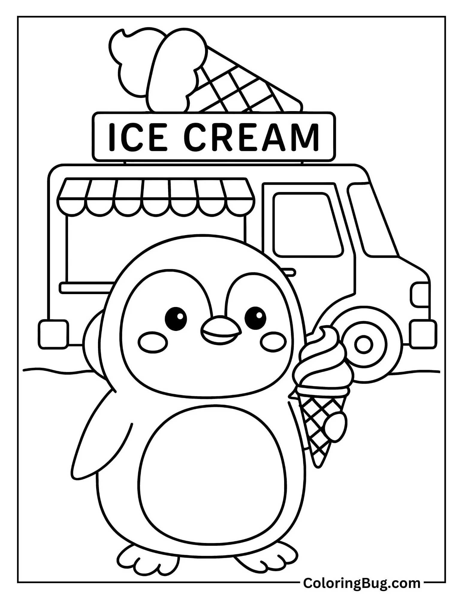 Penguin Holding Ice Cream Cone Coloring Sheet