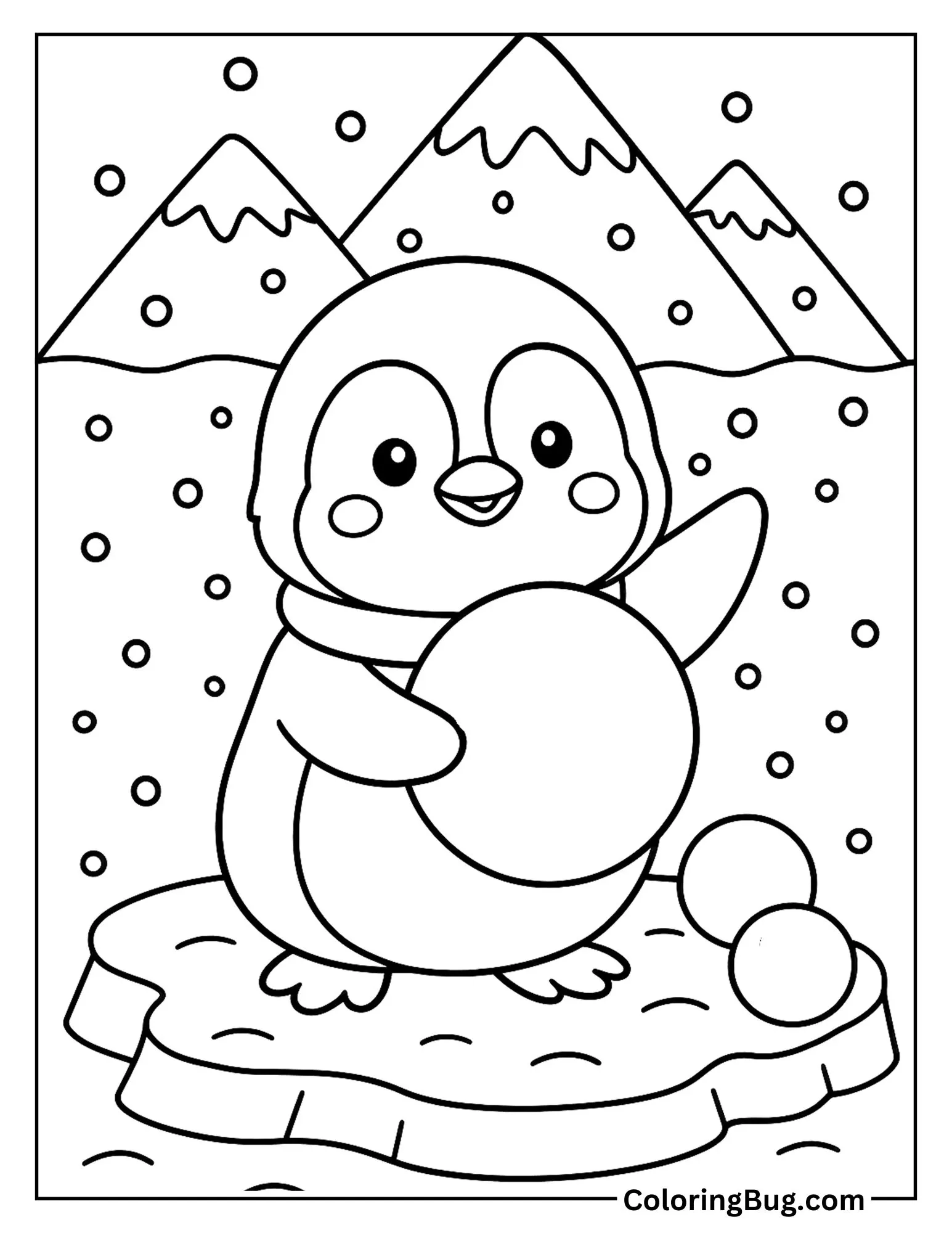 Penguin Playing a Snowball Coloring Sheet