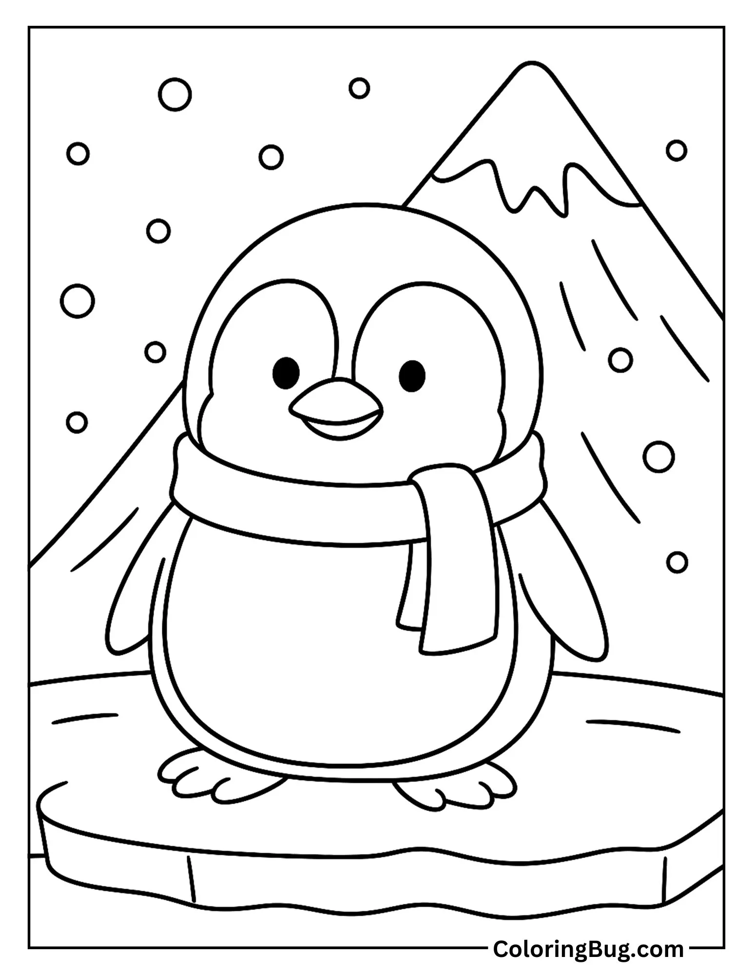 Penguin Wearing Scarf During Snowfall Coloring Sheet
