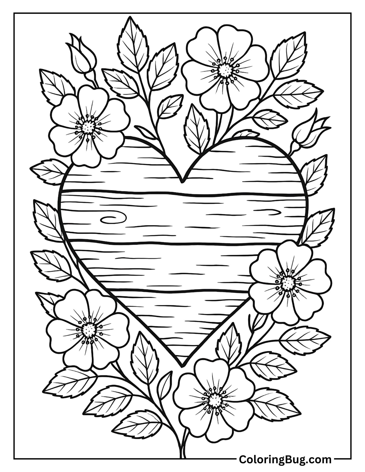 Rustic Heart with Wild Roses Coloring Sheet