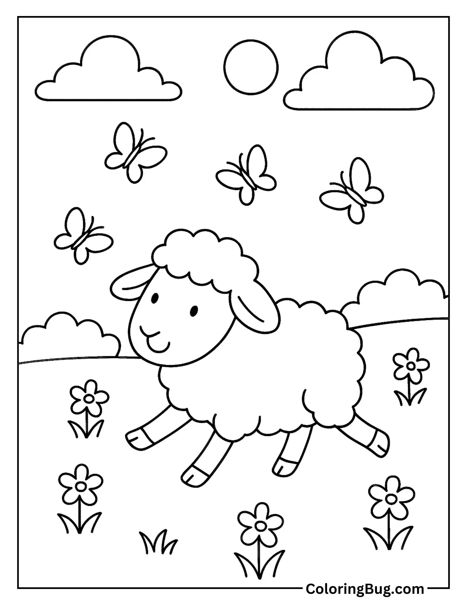 Sheep Chasing Butterflies Coloring Sheet