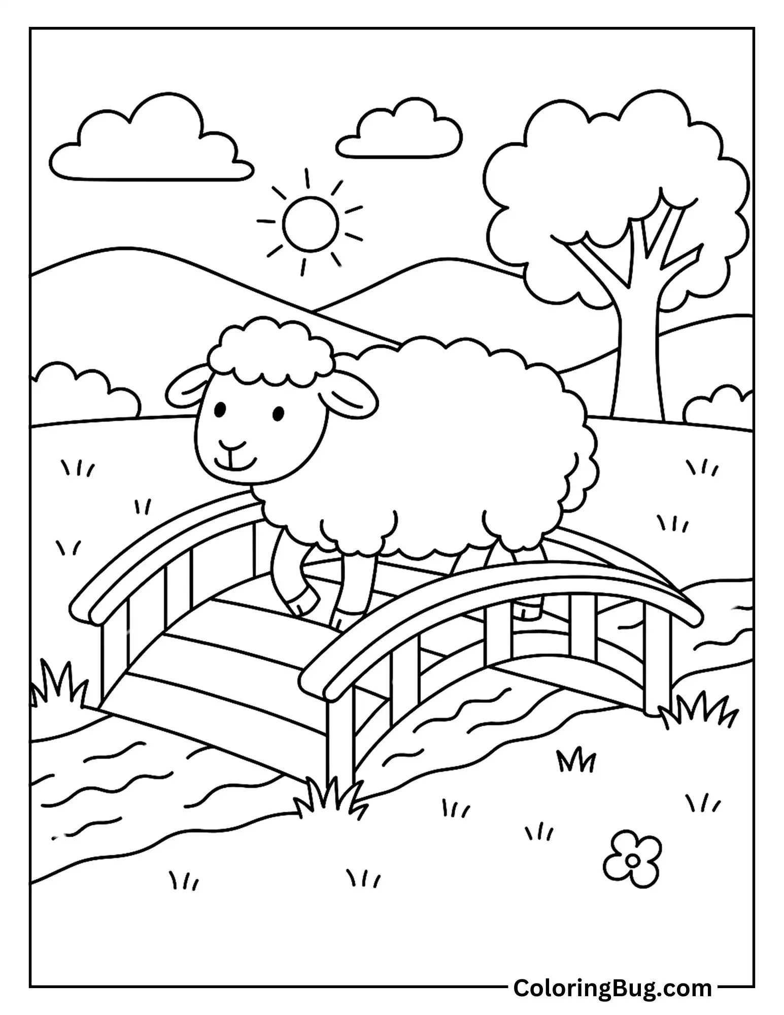 Sheep Crossing a Bridge Coloring Sheet