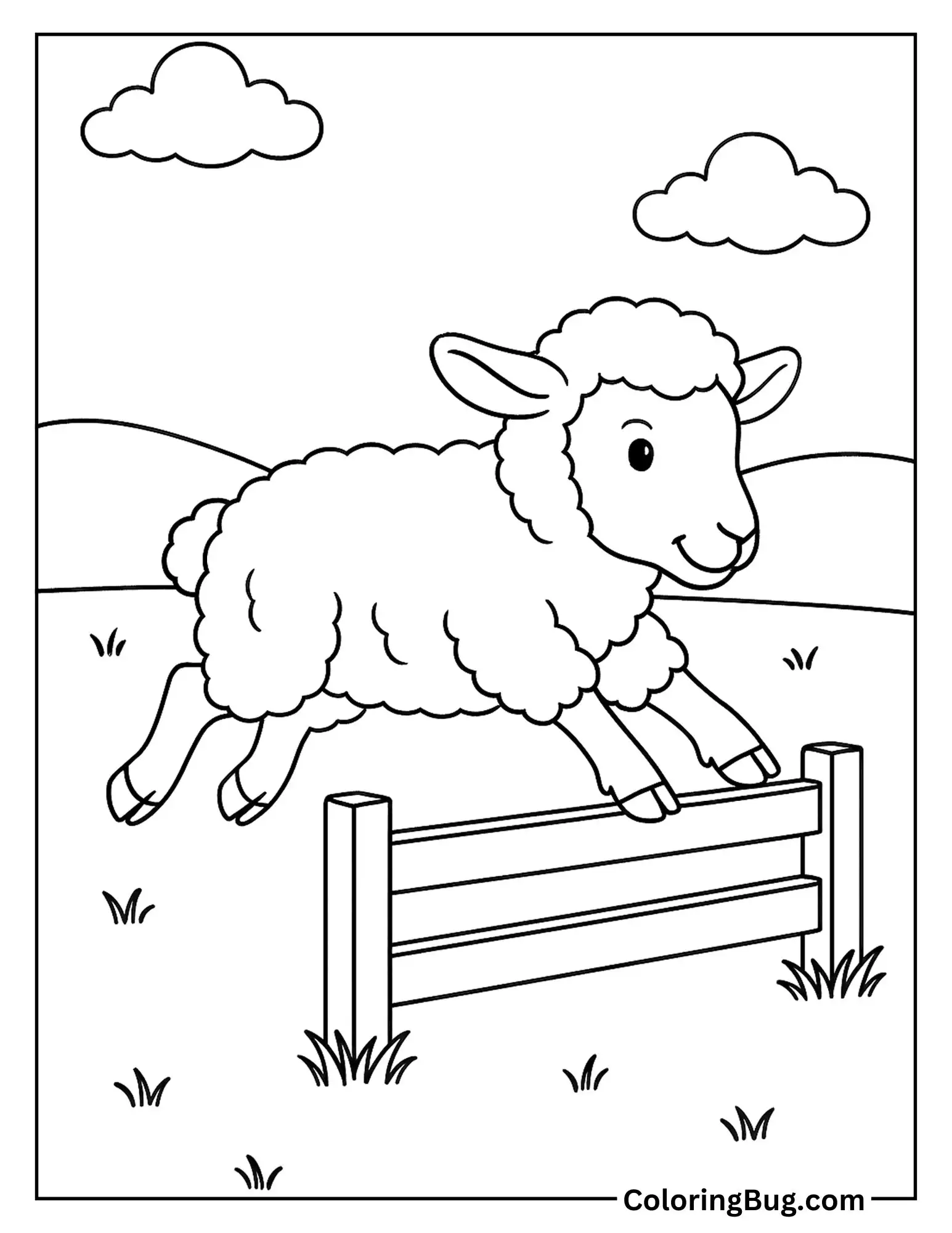 Sheep Jumping Over Fence Coloring Sheet
